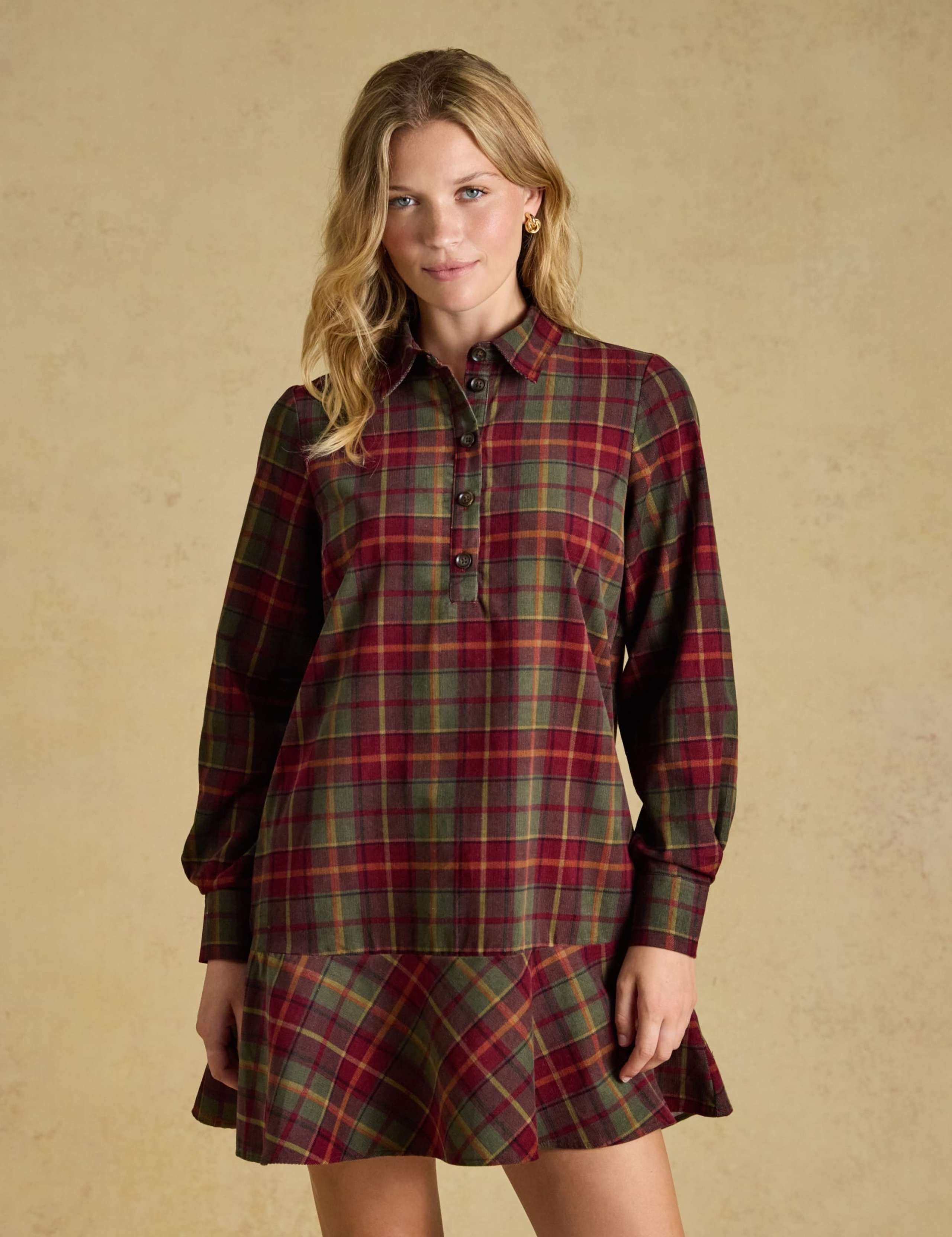 Cord Checked Frill Hem Knee Length Shirt Dress 1 of 7