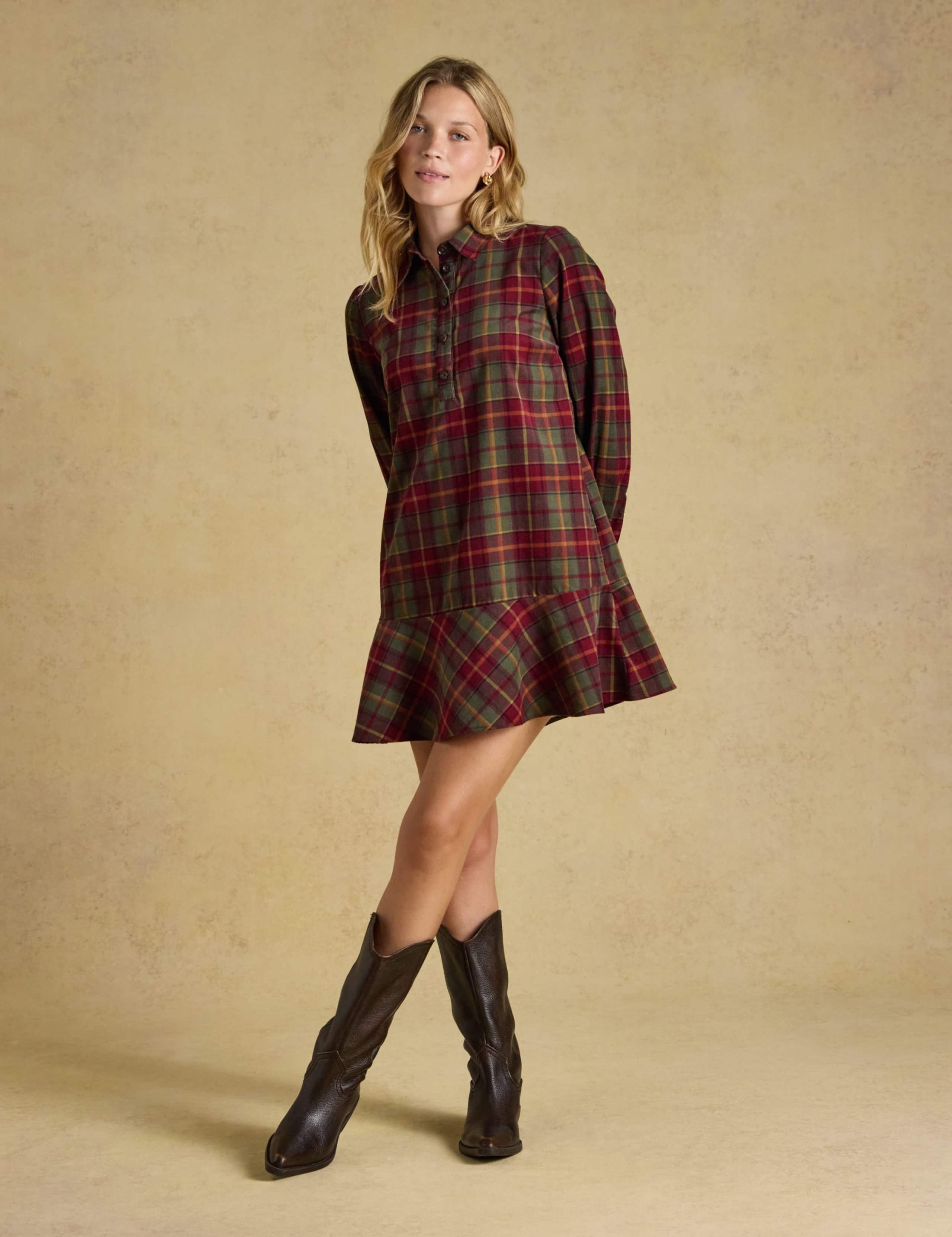 Cord Checked Frill Hem Knee Length Shirt Dress 2 of 7