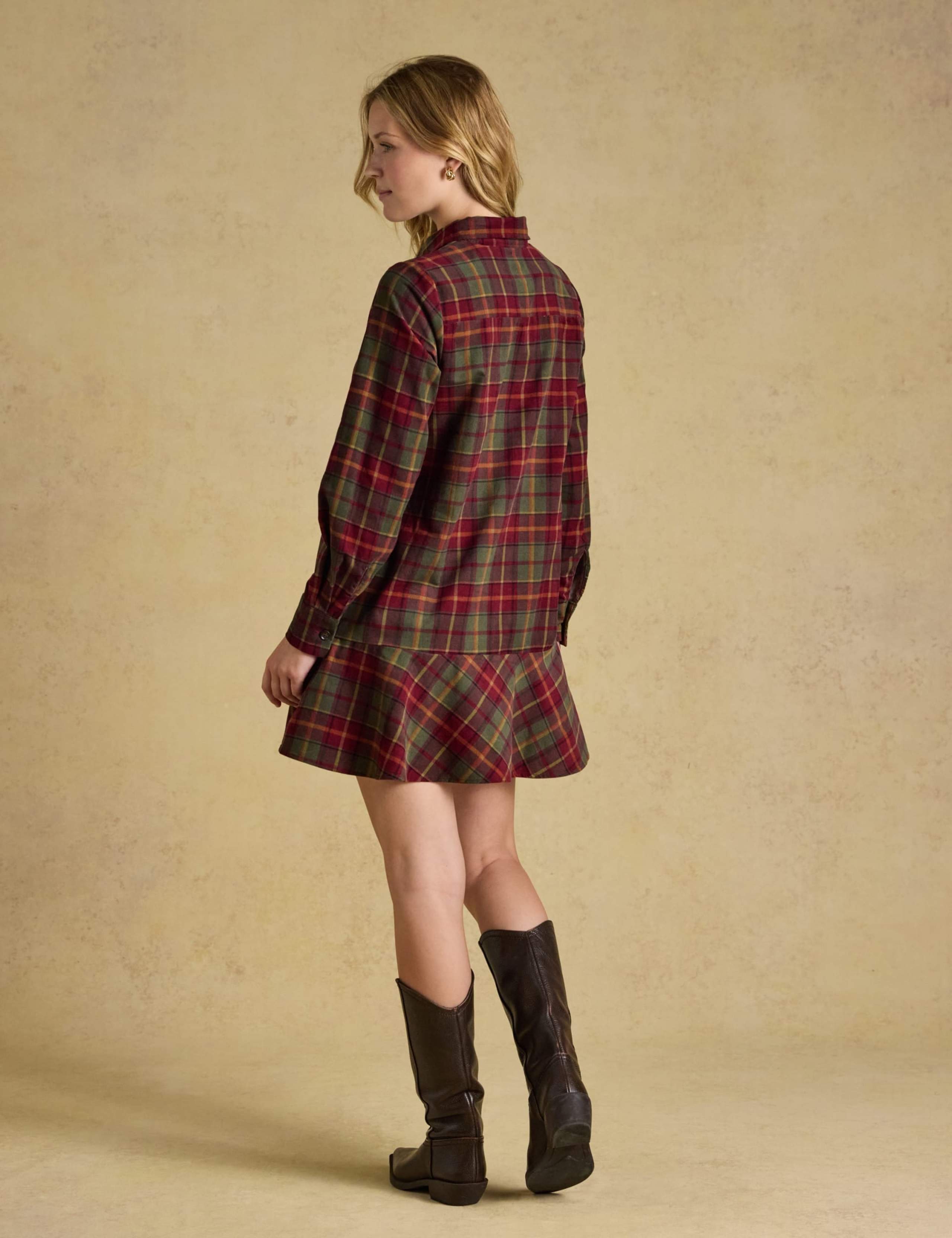 Cord Checked Frill Hem Knee Length Shirt Dress 3 of 7