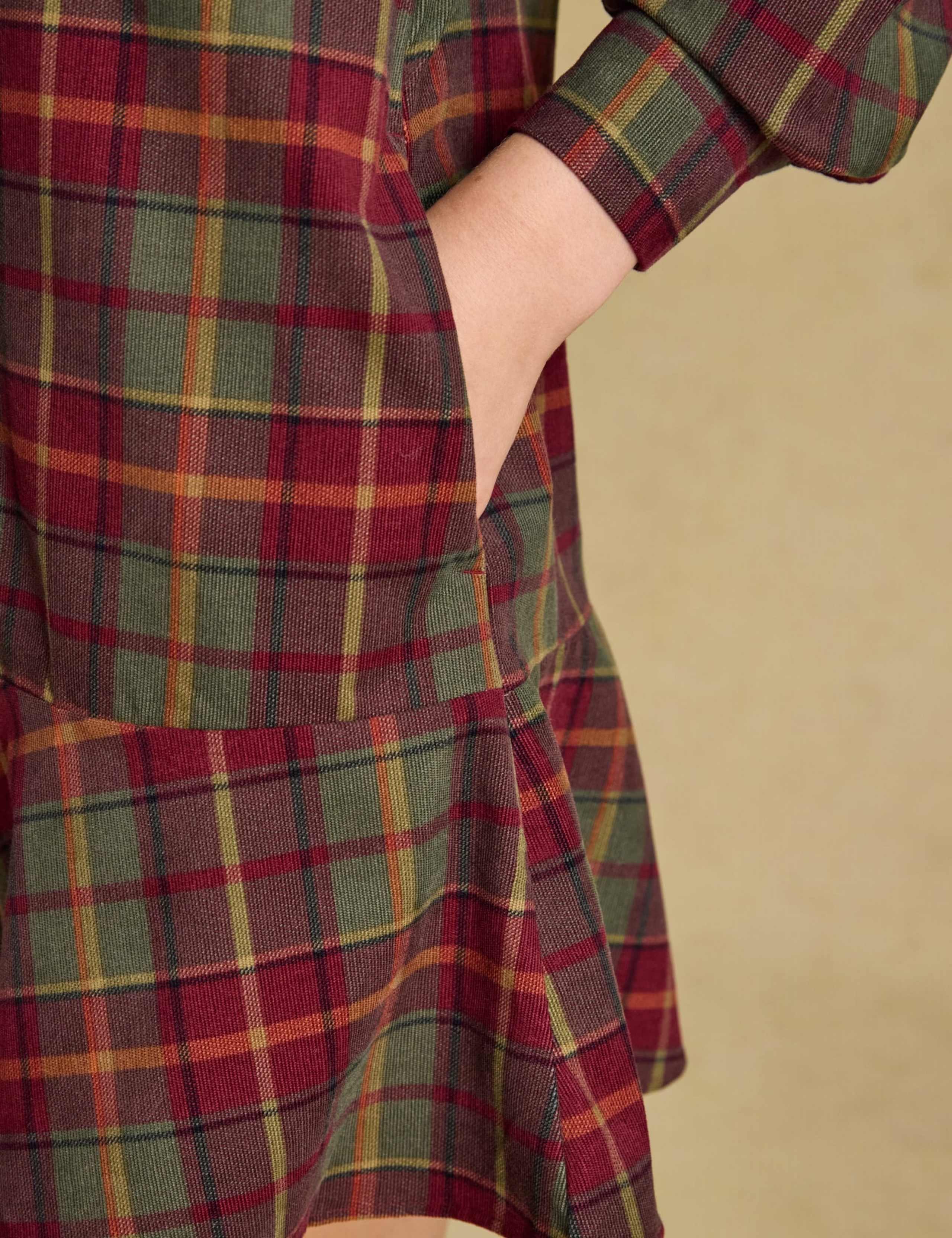 Cord Checked Frill Hem Knee Length Shirt Dress 5 of 7