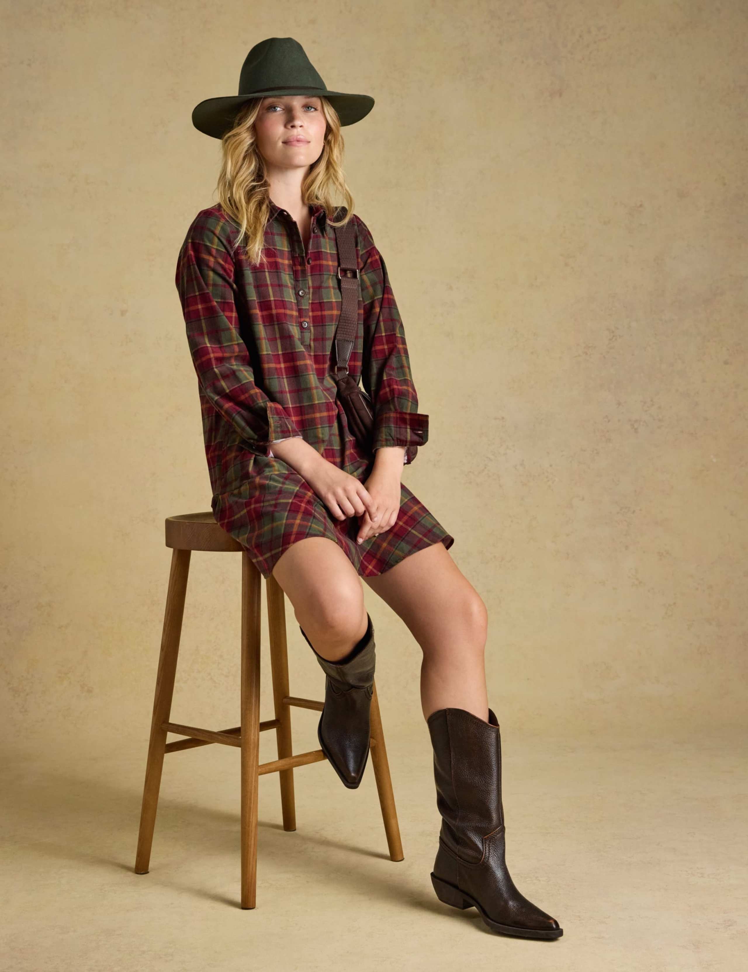 Cord Checked Frill Hem Knee Length Shirt Dress 7 of 7