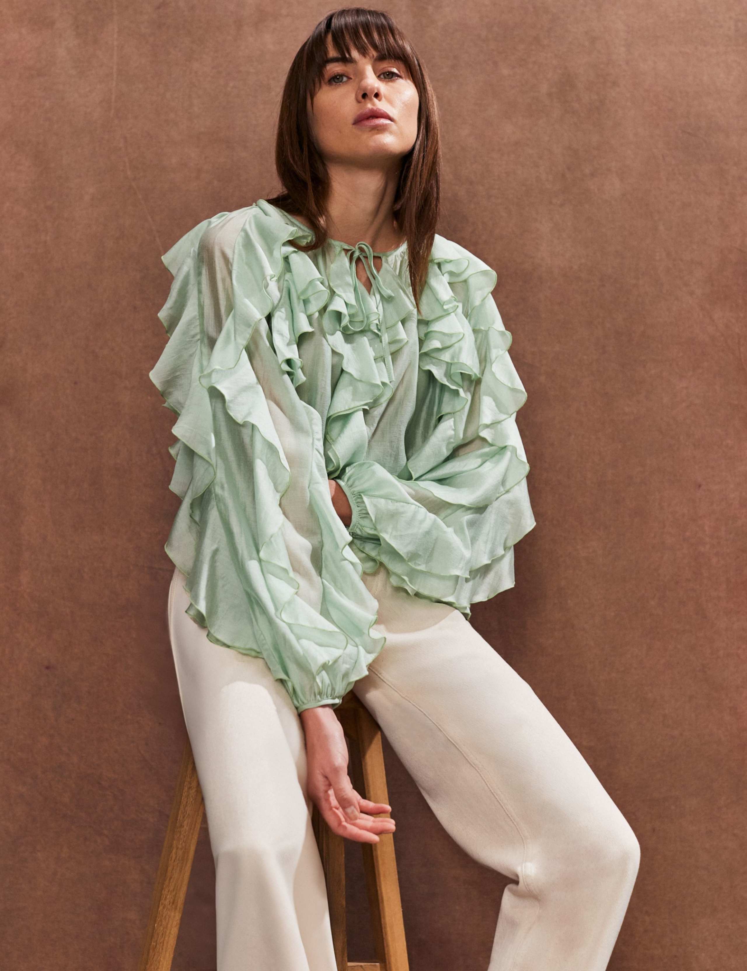 Lyocell Rich Tie Neck Ruffle Sleeve Blouse 1 of 5