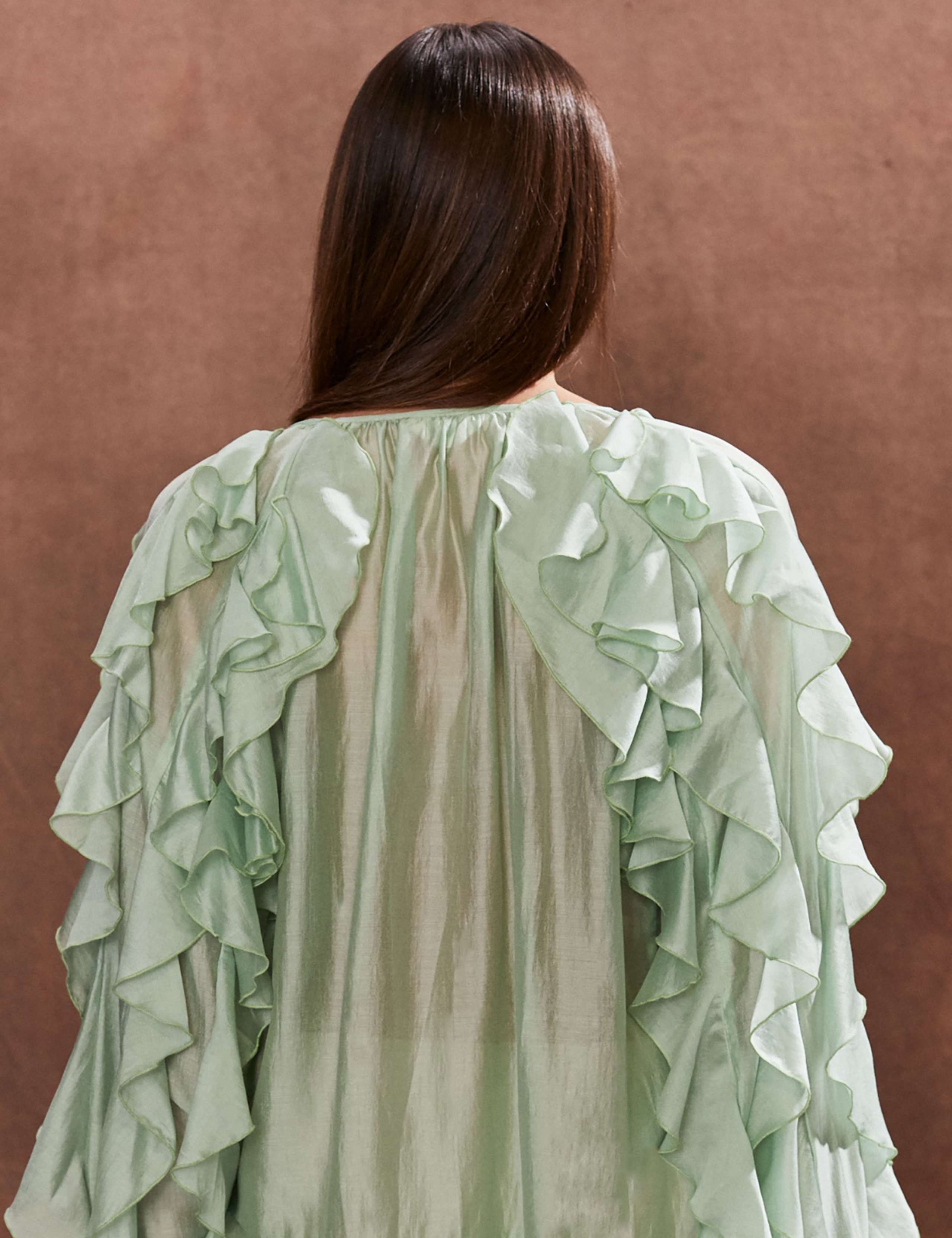 Lyocell Rich Tie Neck Ruffle Sleeve Blouse 5 of 5