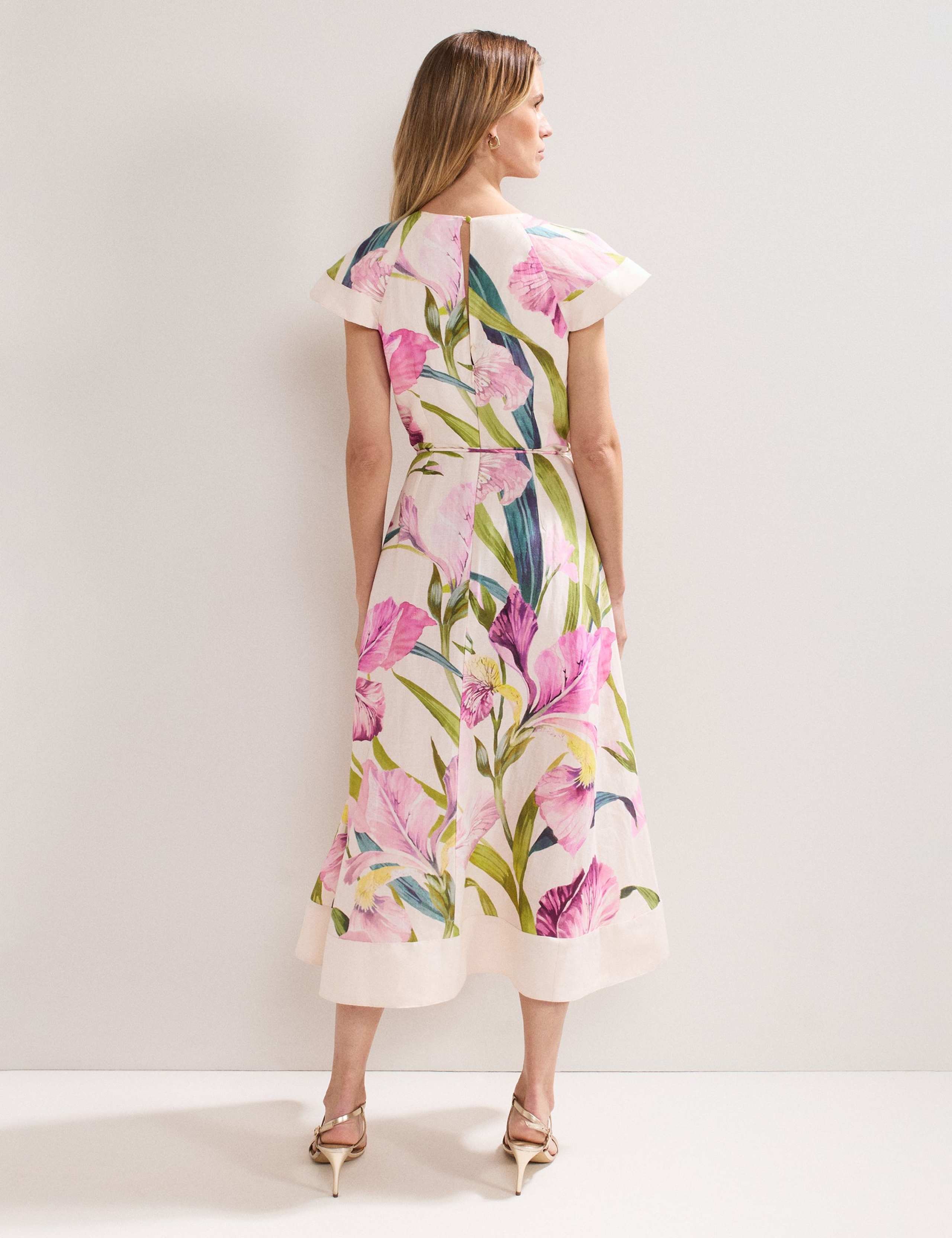 Linen Rich Floral V-Neck Ruffle Midi Waisted Dress 3 of 7