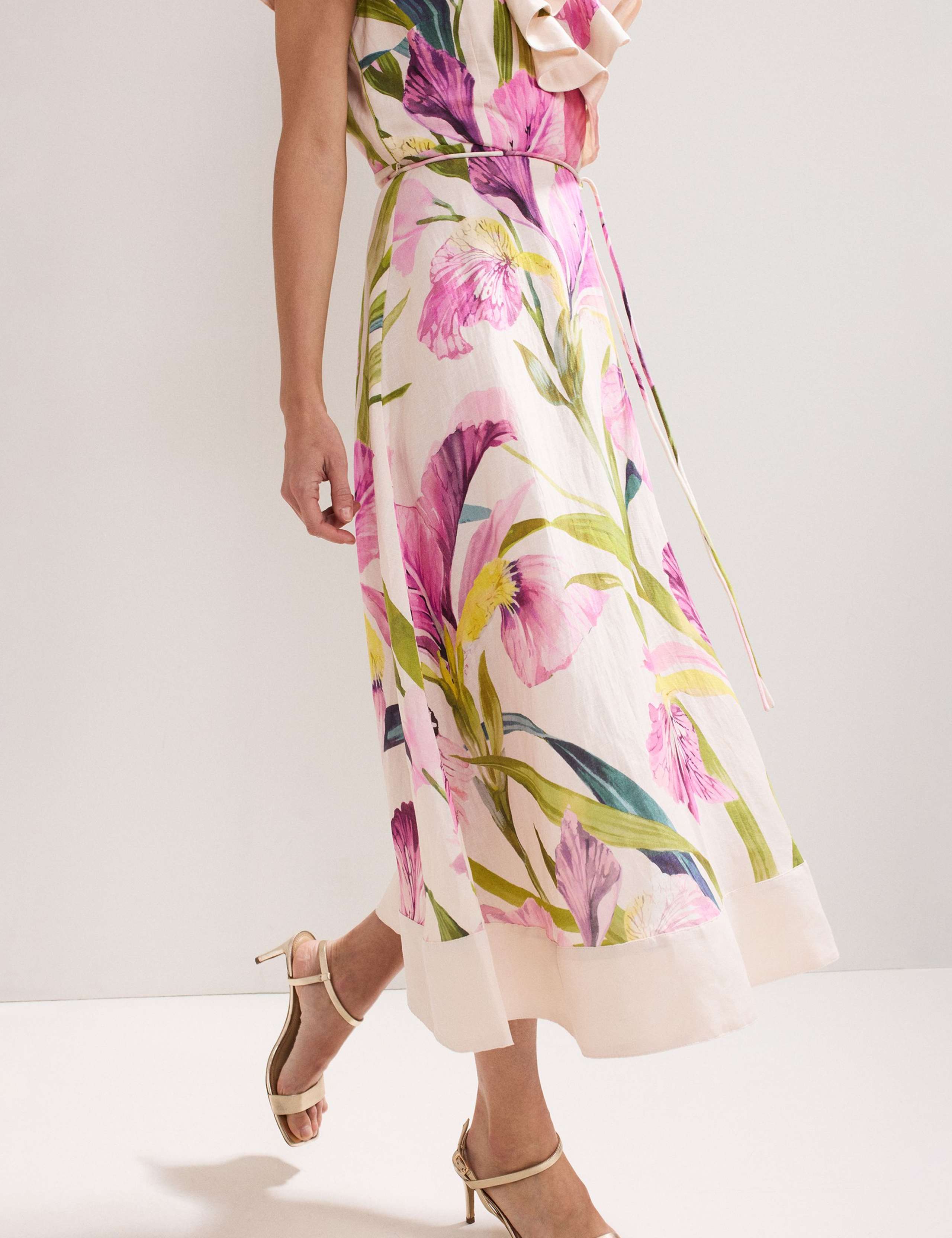 Linen Rich Floral V-Neck Ruffle Midi Waisted Dress 4 of 7