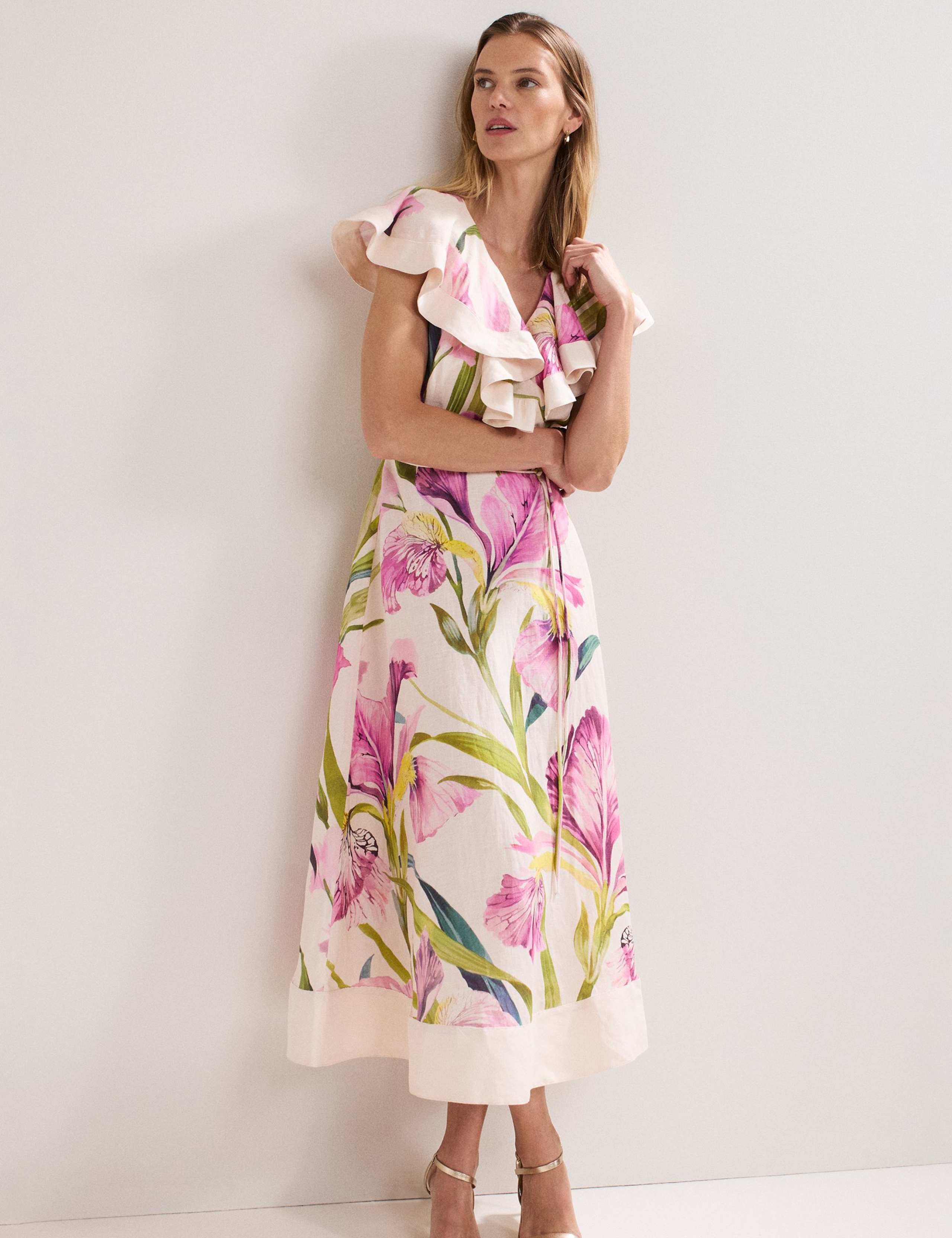 Linen Rich Floral V-Neck Ruffle Midi Waisted Dress 6 of 7