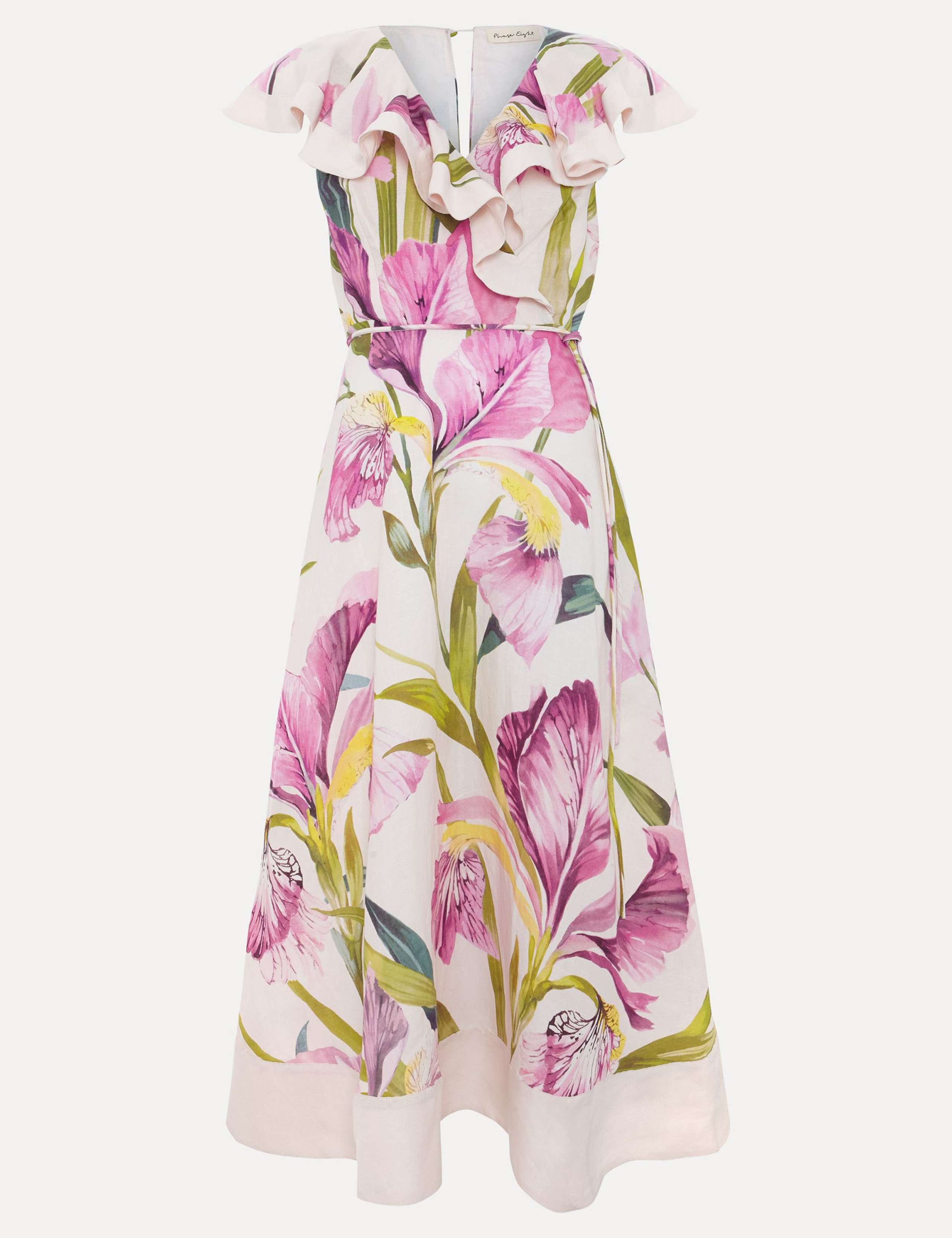 Linen Rich Floral V-Neck Ruffle Midi Waisted Dress 2 of 7