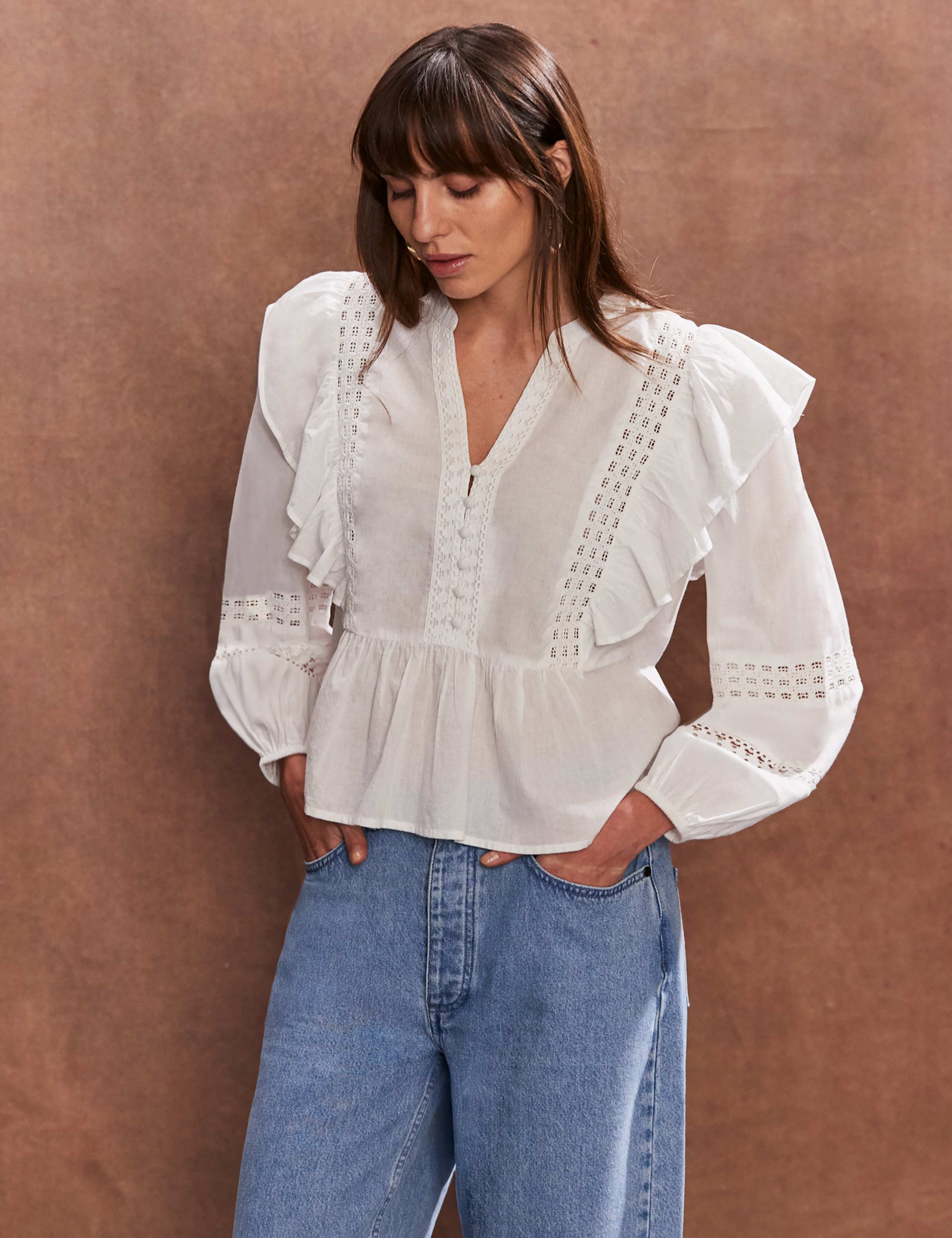 Pure Cotton V-Neck Broderie Ruffle Blouse 2 of 4