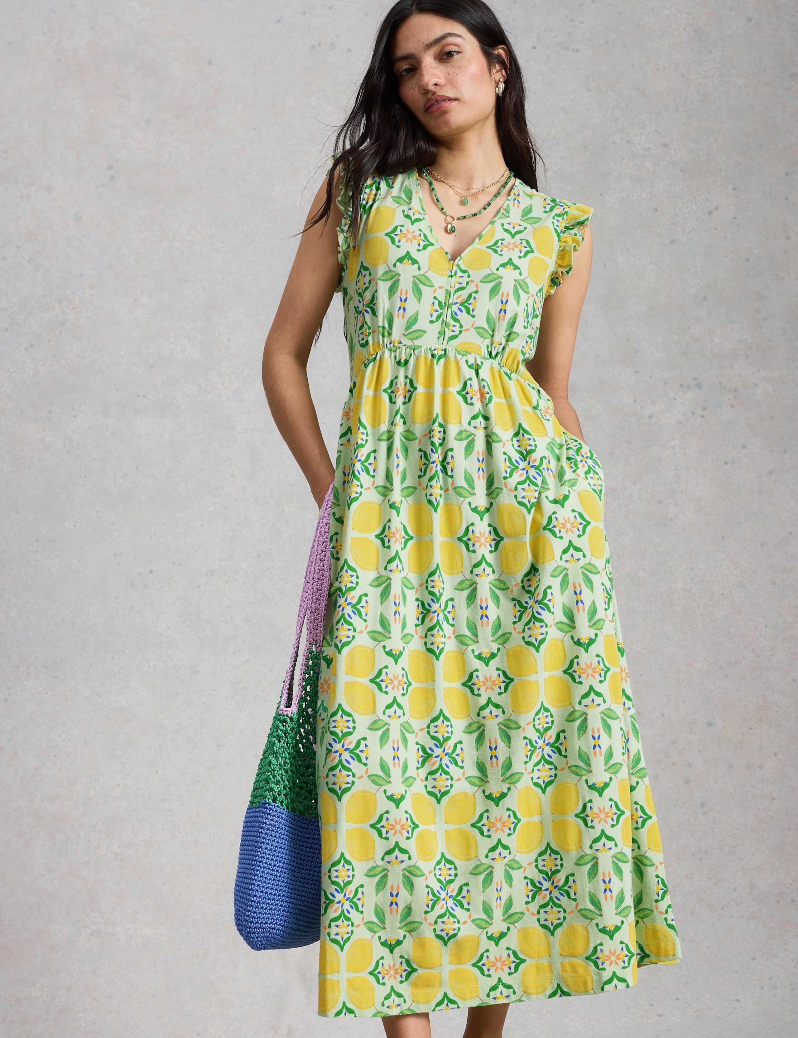Pure Cotton Printed Midaxi Waisted Dress 1 of 6