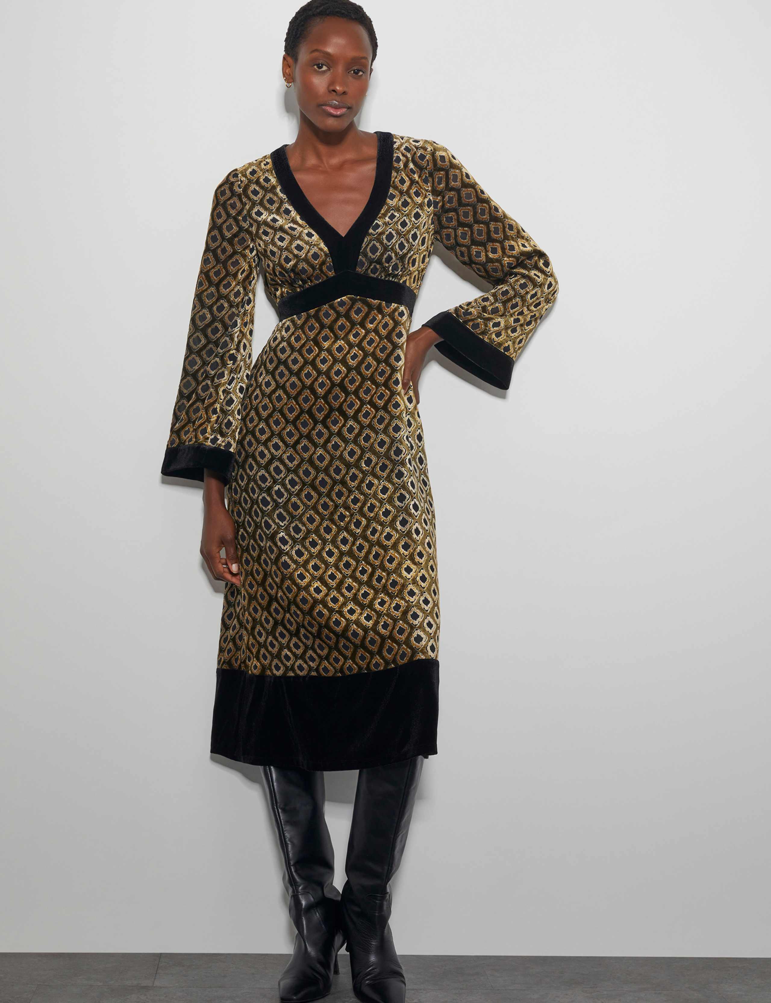 Jacquard Printed V-Neck Midi Tea Dress 1 of 4