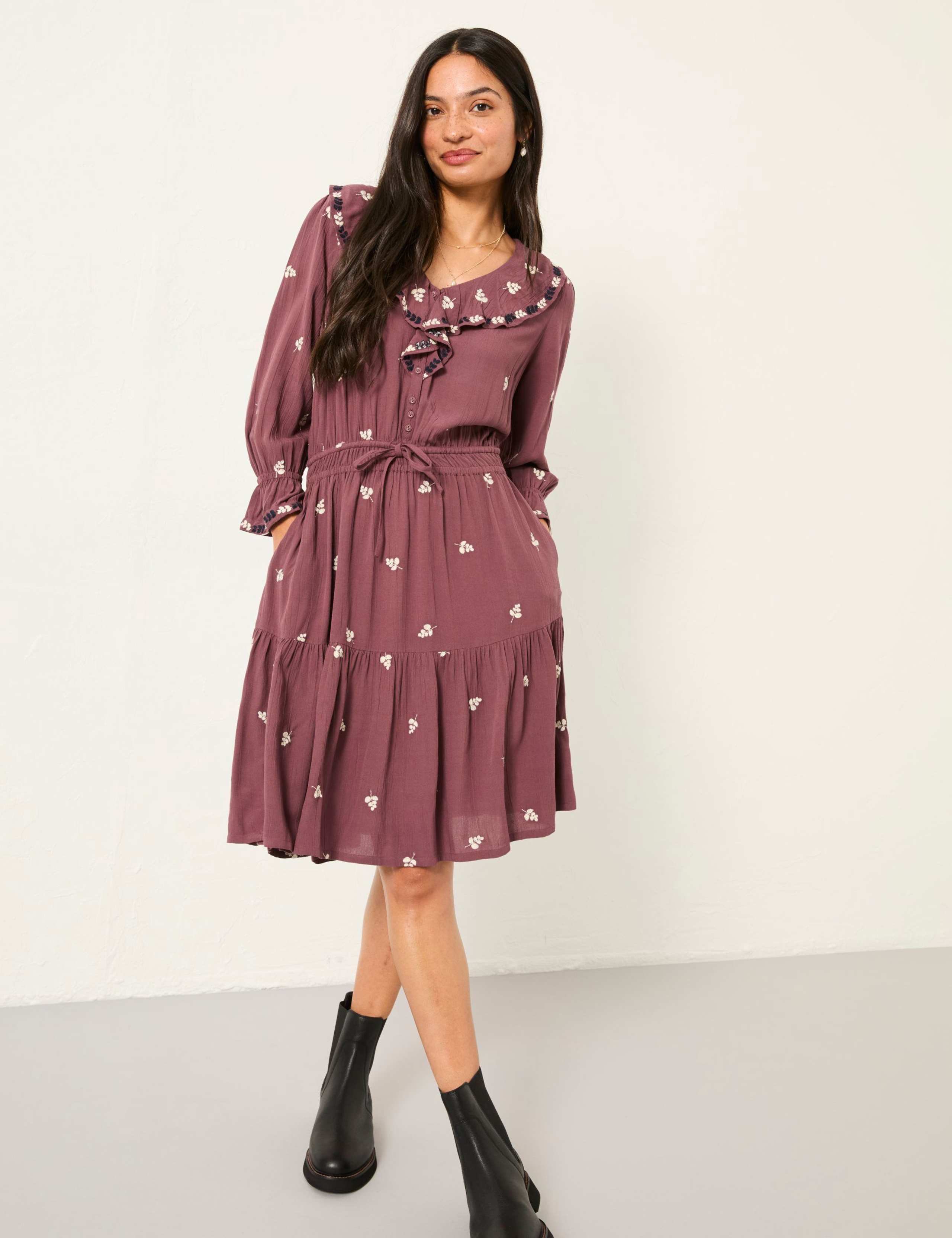Embroidered V-Neck Knee Length Tiered Dress 1 of 8