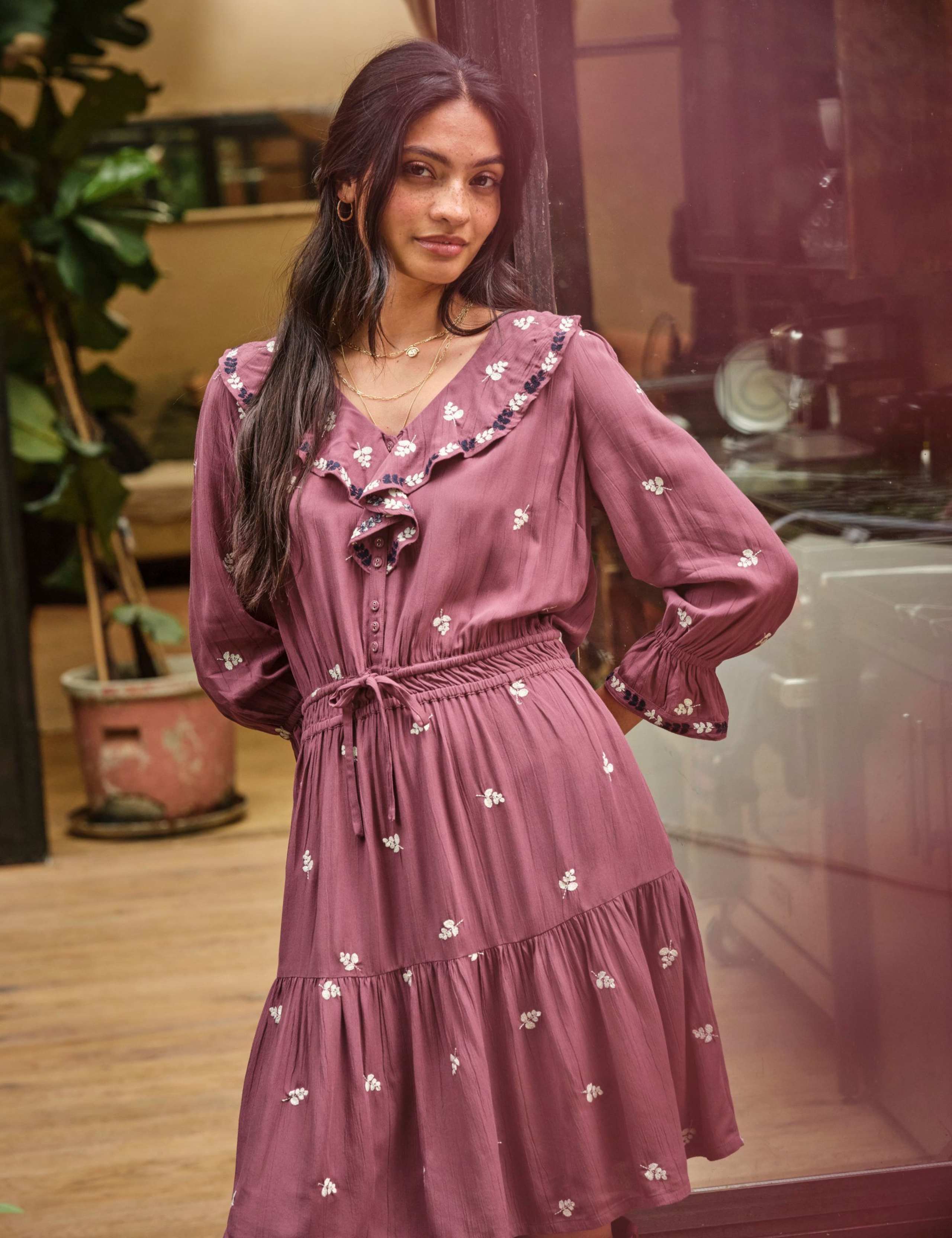 Embroidered V-Neck Knee Length Tiered Dress 5 of 8