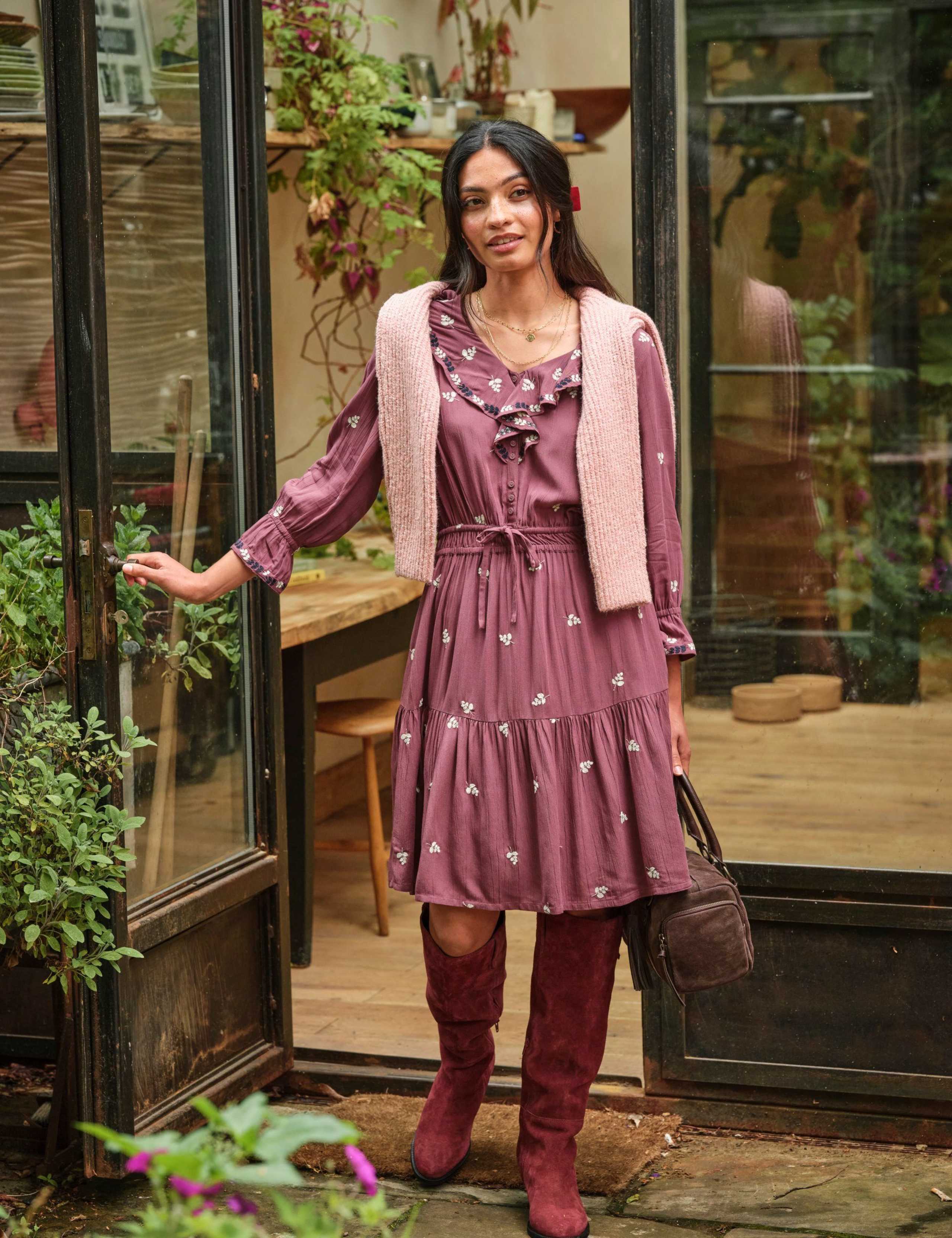 Embroidered V-Neck Knee Length Tiered Dress 6 of 8