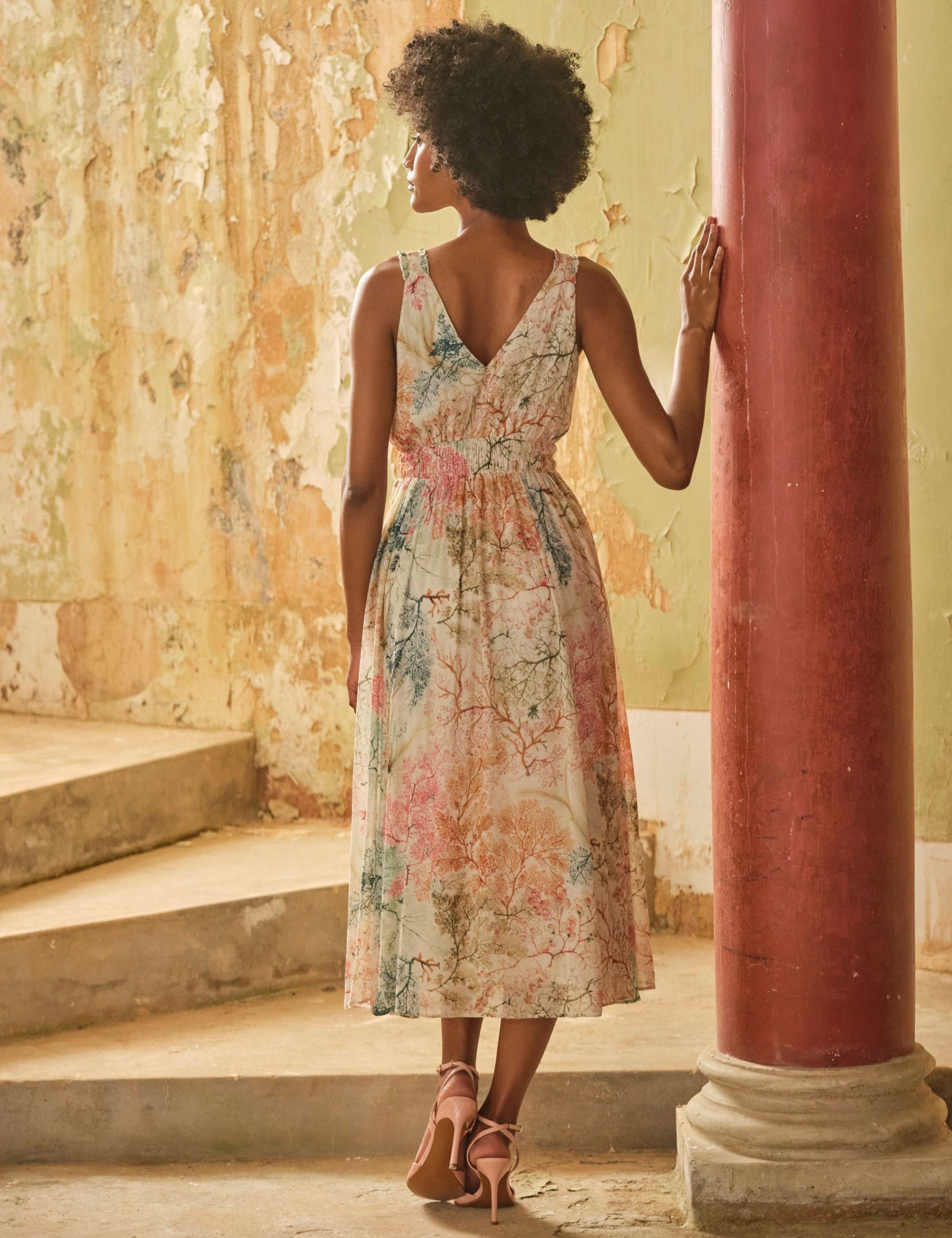 Printed V-Neck Midi Waisted Dress 3 of 6