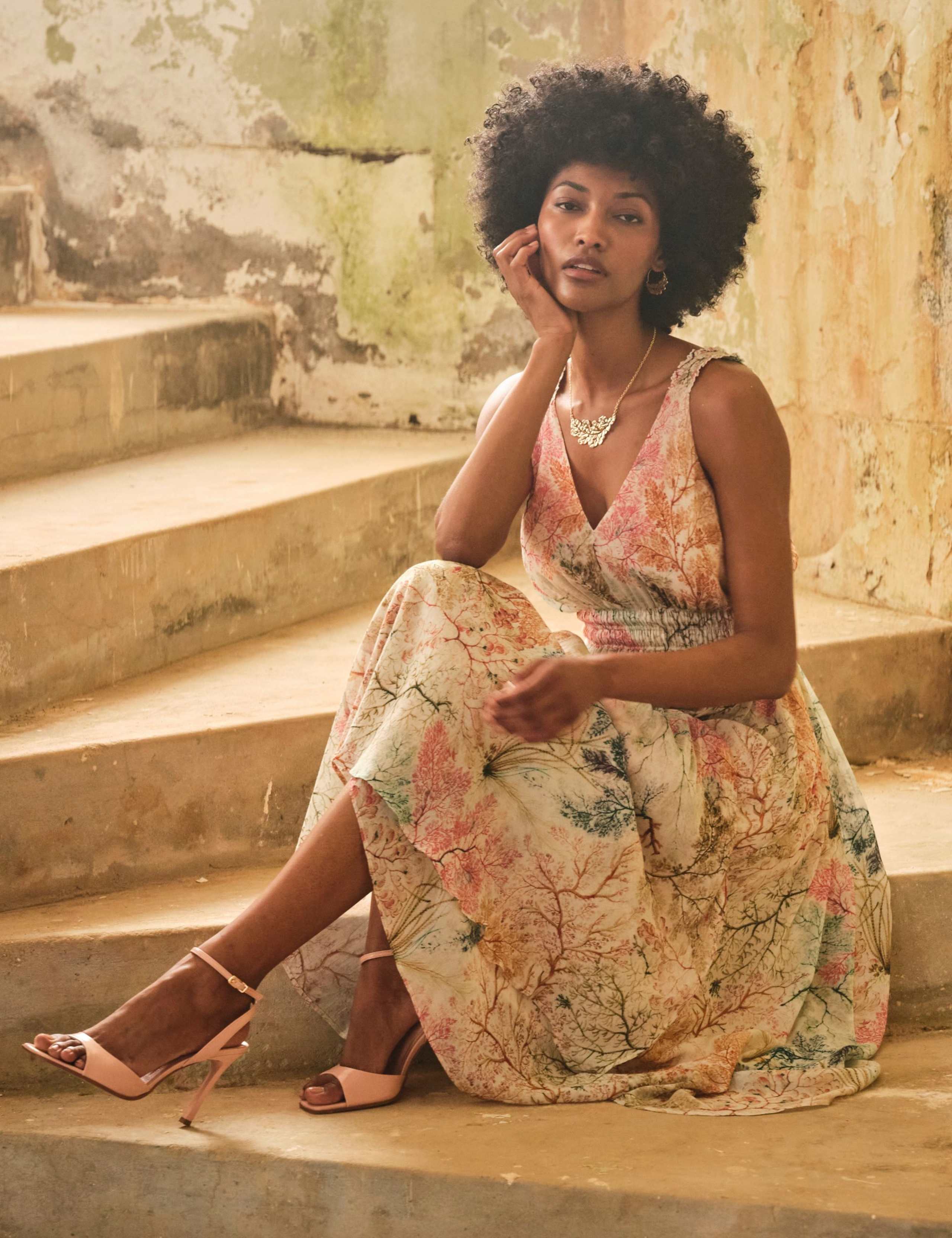 Printed V-Neck Midi Waisted Dress 4 of 6