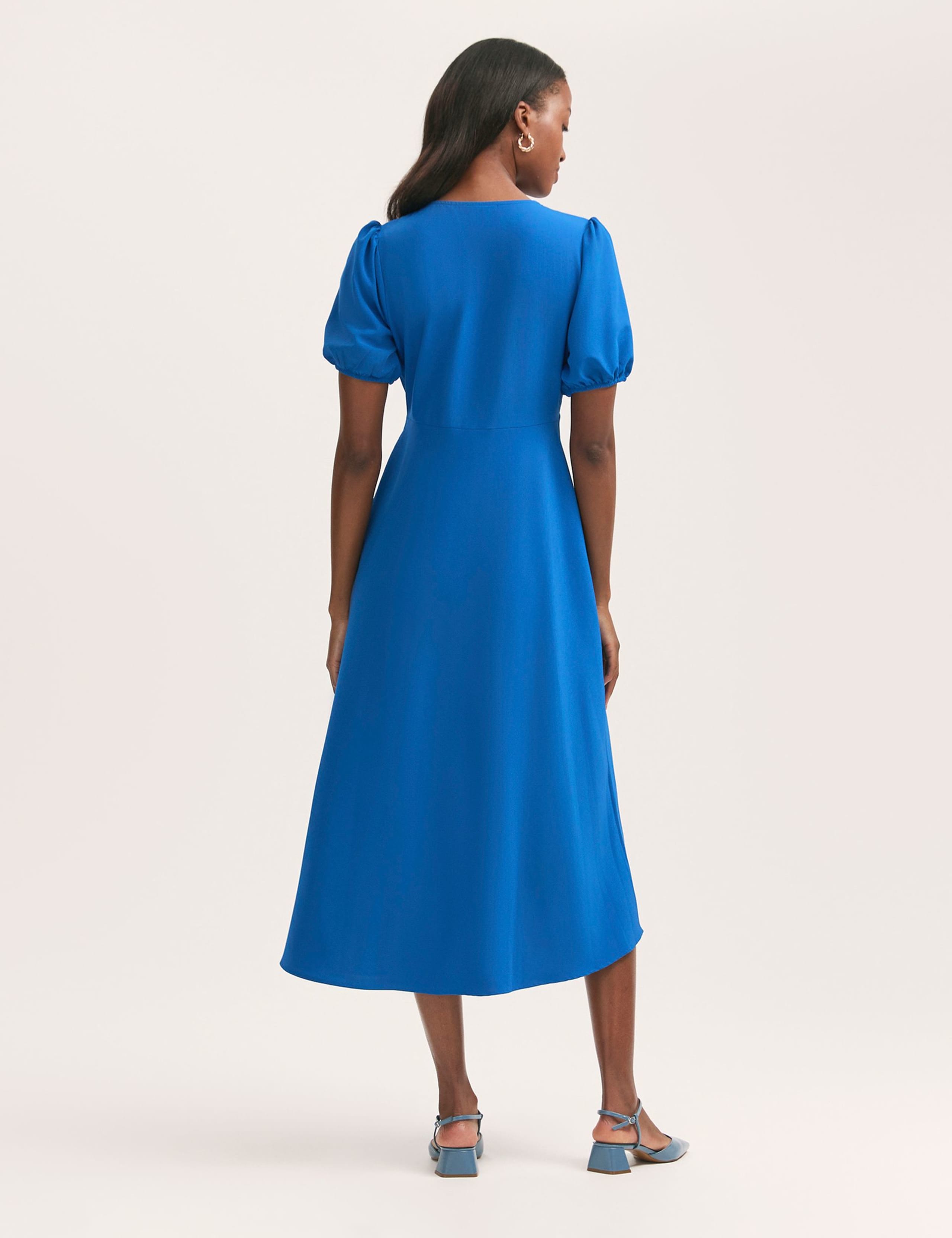 Crepe V-Neck Puff Sleeve Midi Tea Dress 2 of 4
