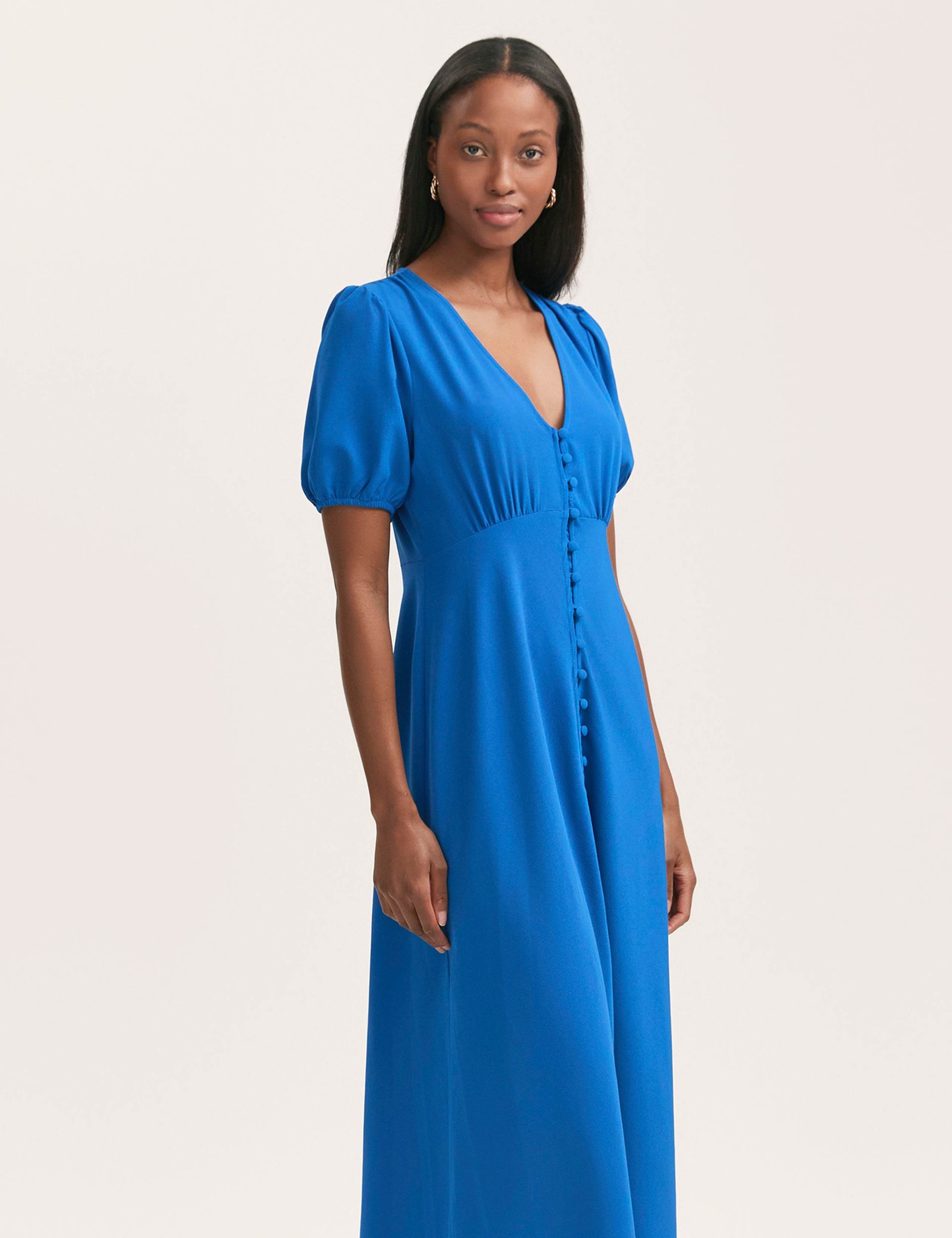 Crepe V-Neck Puff Sleeve Midi Tea Dress 3 of 4