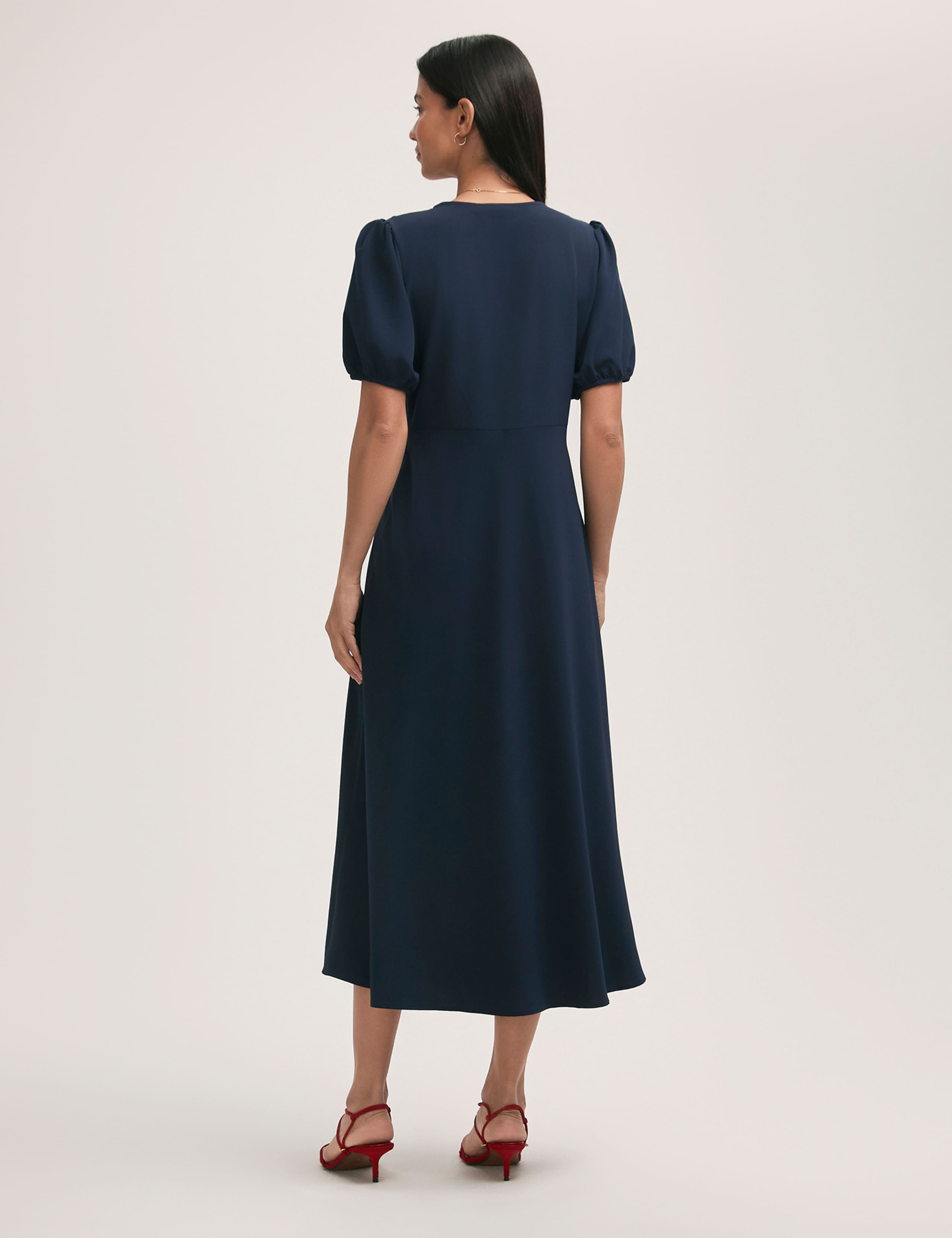 Crepe V-Neck Puff Sleeve Midi Tea Dress 2 of 4