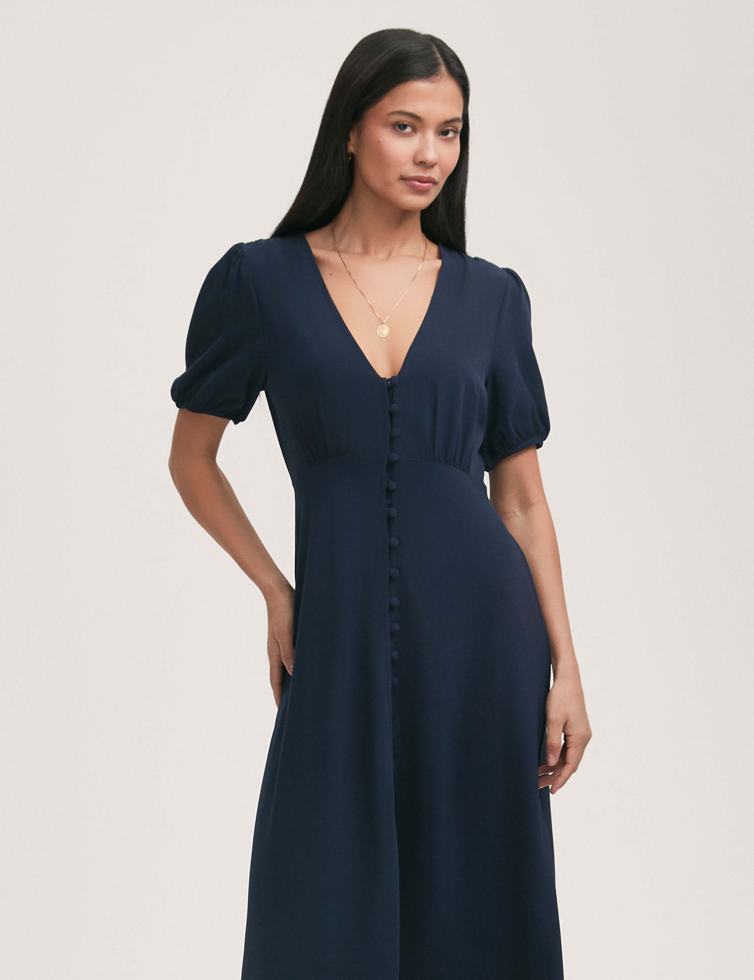 Crepe V-Neck Puff Sleeve Midi Tea Dress 3 of 4