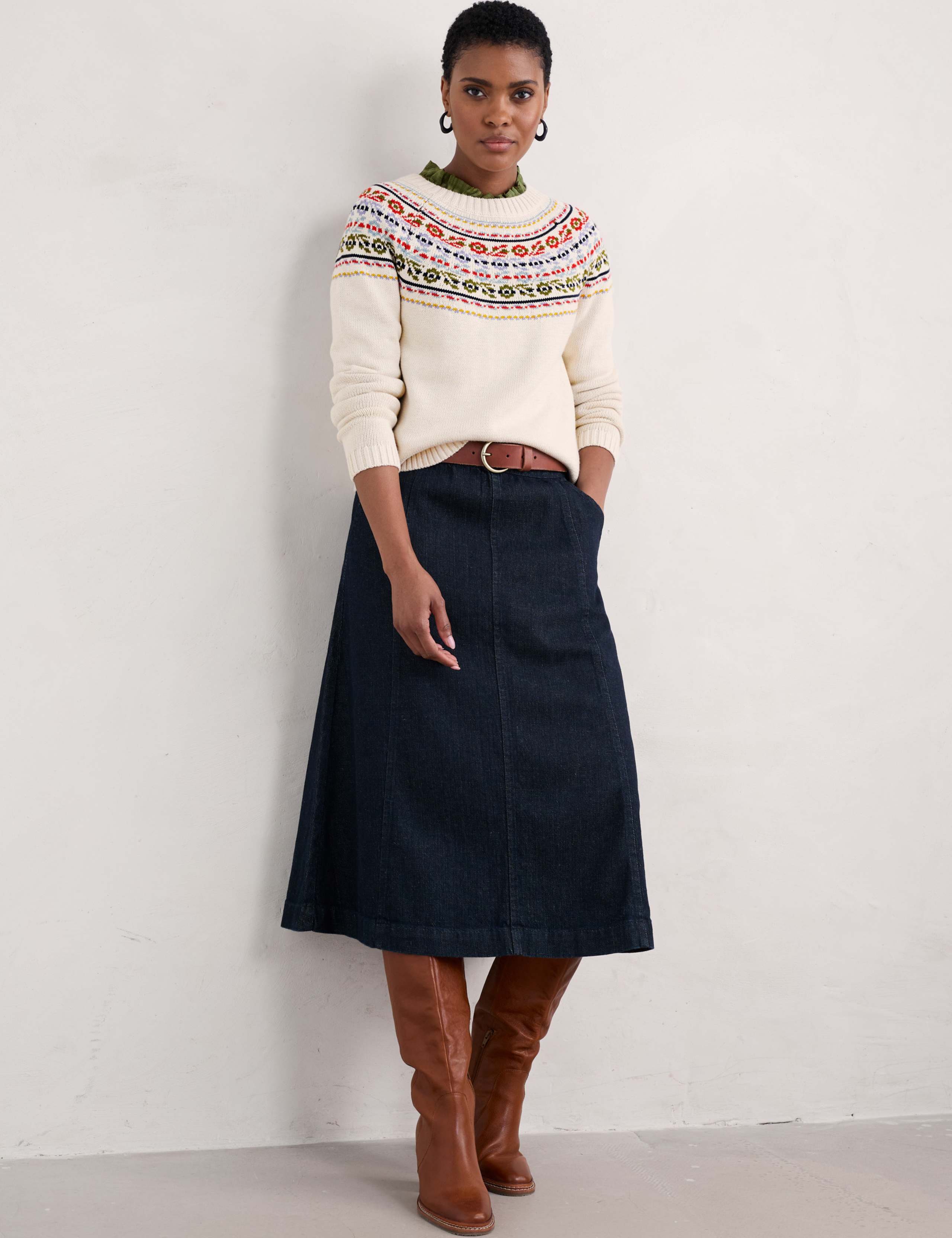 Cotton Rich Denim Midi A-Line Skirt 1 of 5