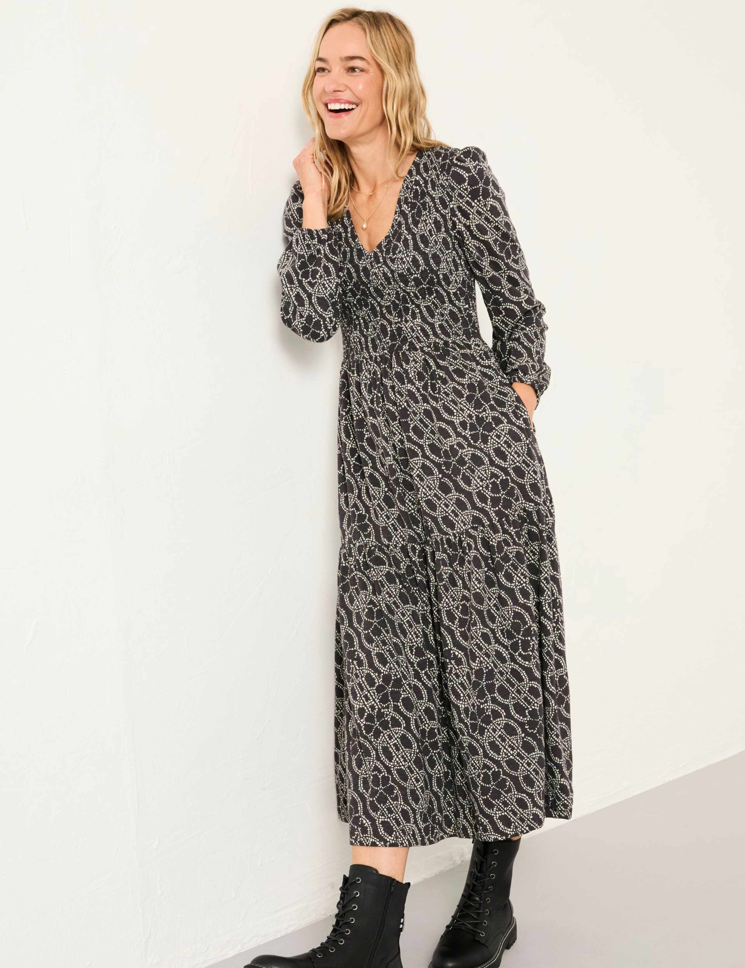 Cotton Rich Printed V-Neck Midi Tiered Dress 3 of 6