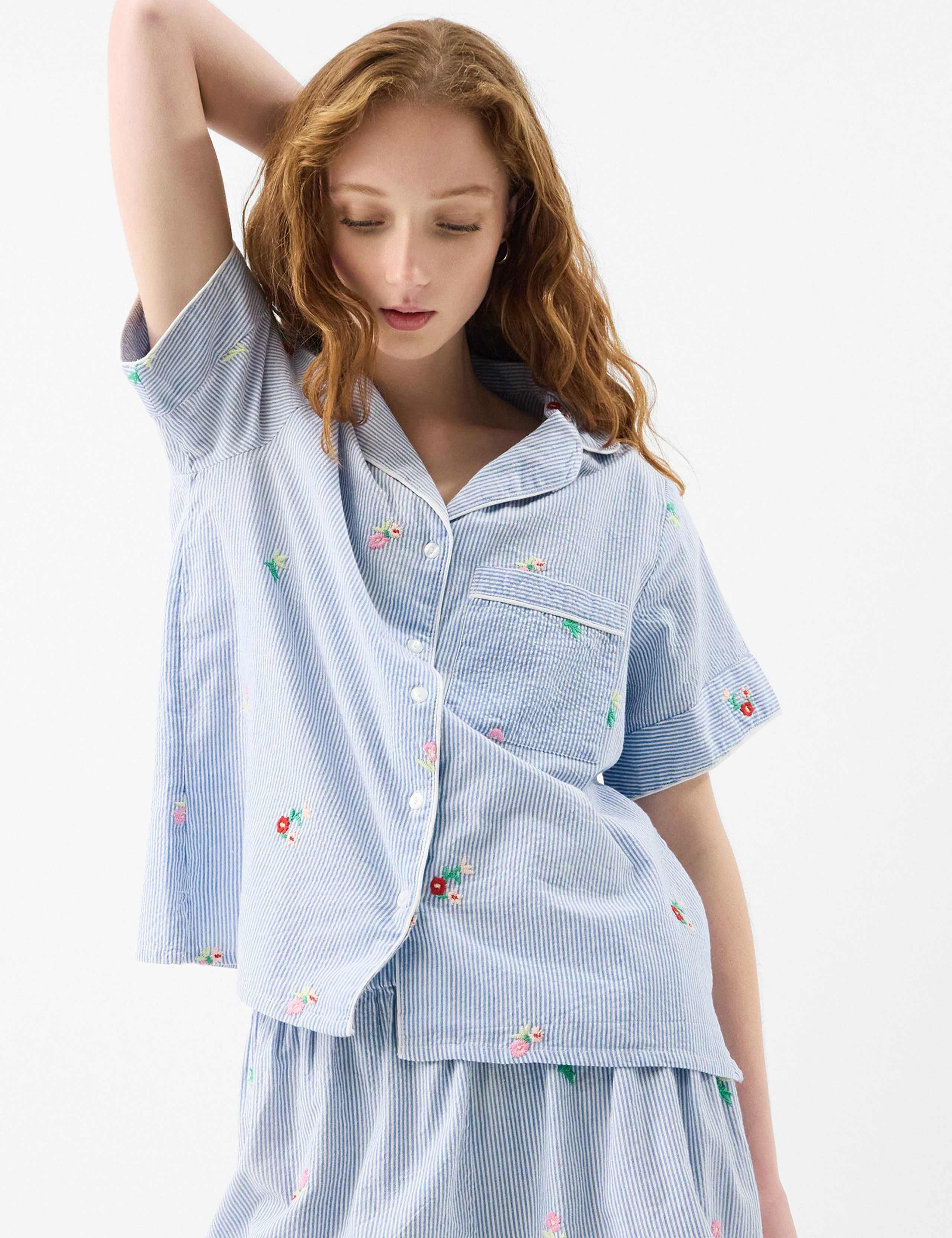 Pure Cotton Striped Floral Embroidery Pyjamas 3 of 4