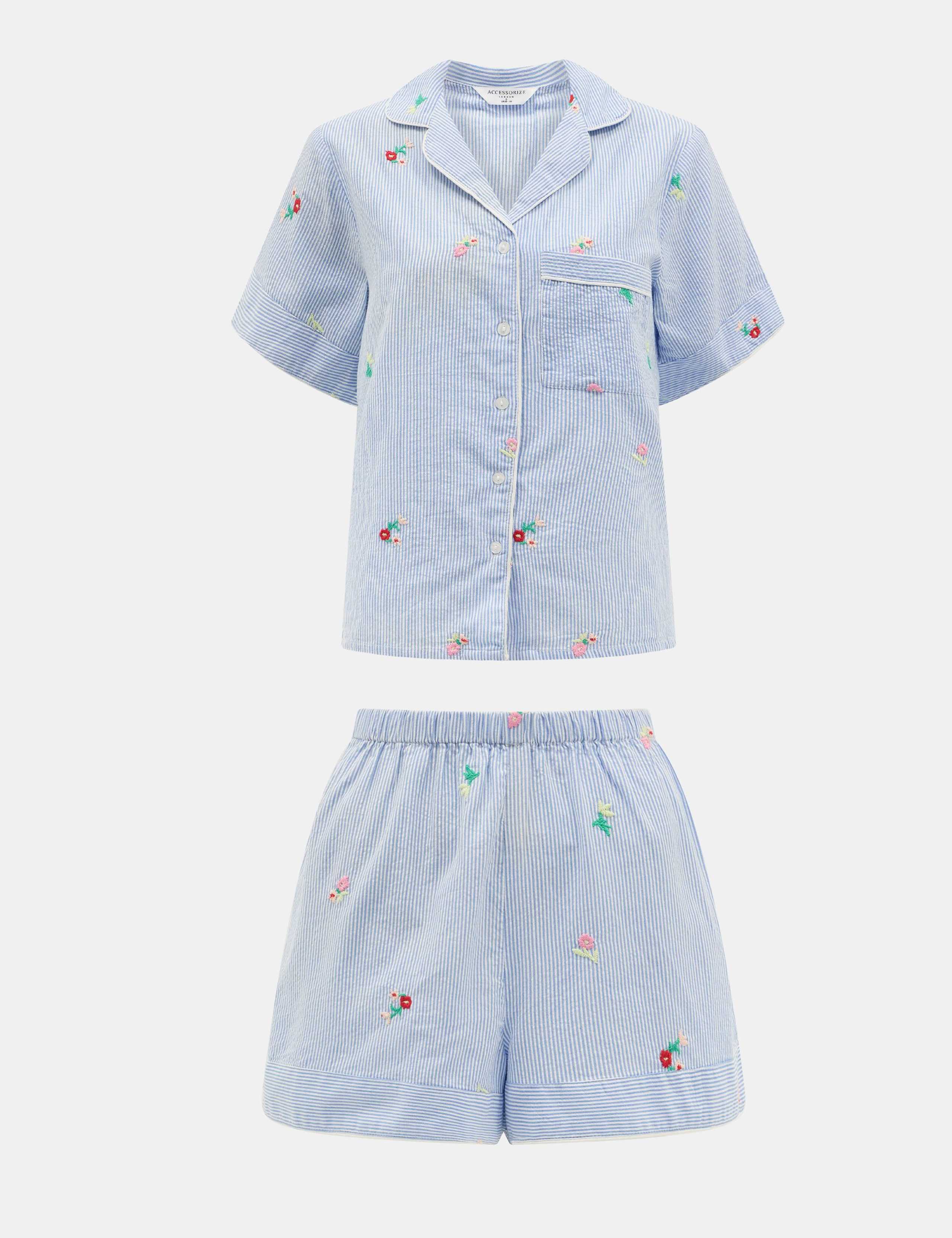 Pure Cotton Striped Floral Embroidery Pyjamas 2 of 4