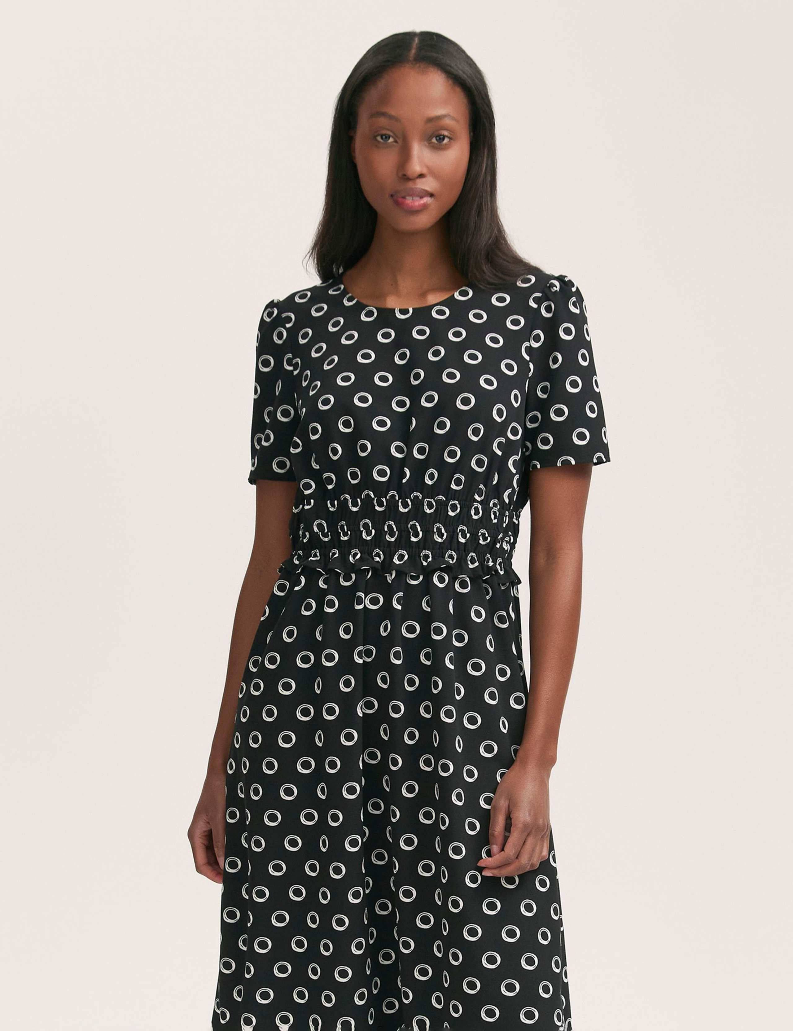 Crepe Polka Dot Midi Waisted Tea Dress 3 of 4