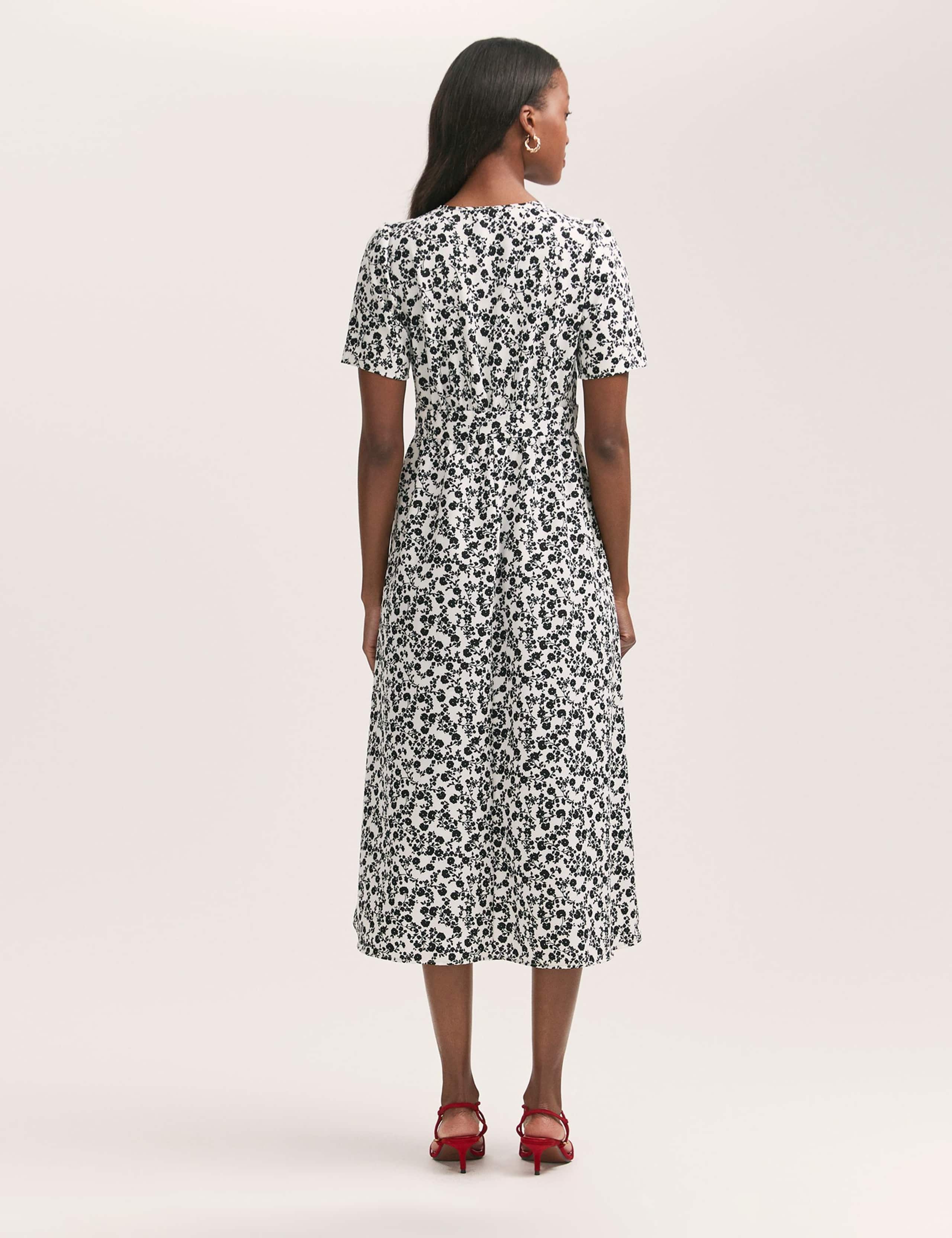 Crepe Floral Tie Neck Midi Tiered Tea Dress 2 of 4