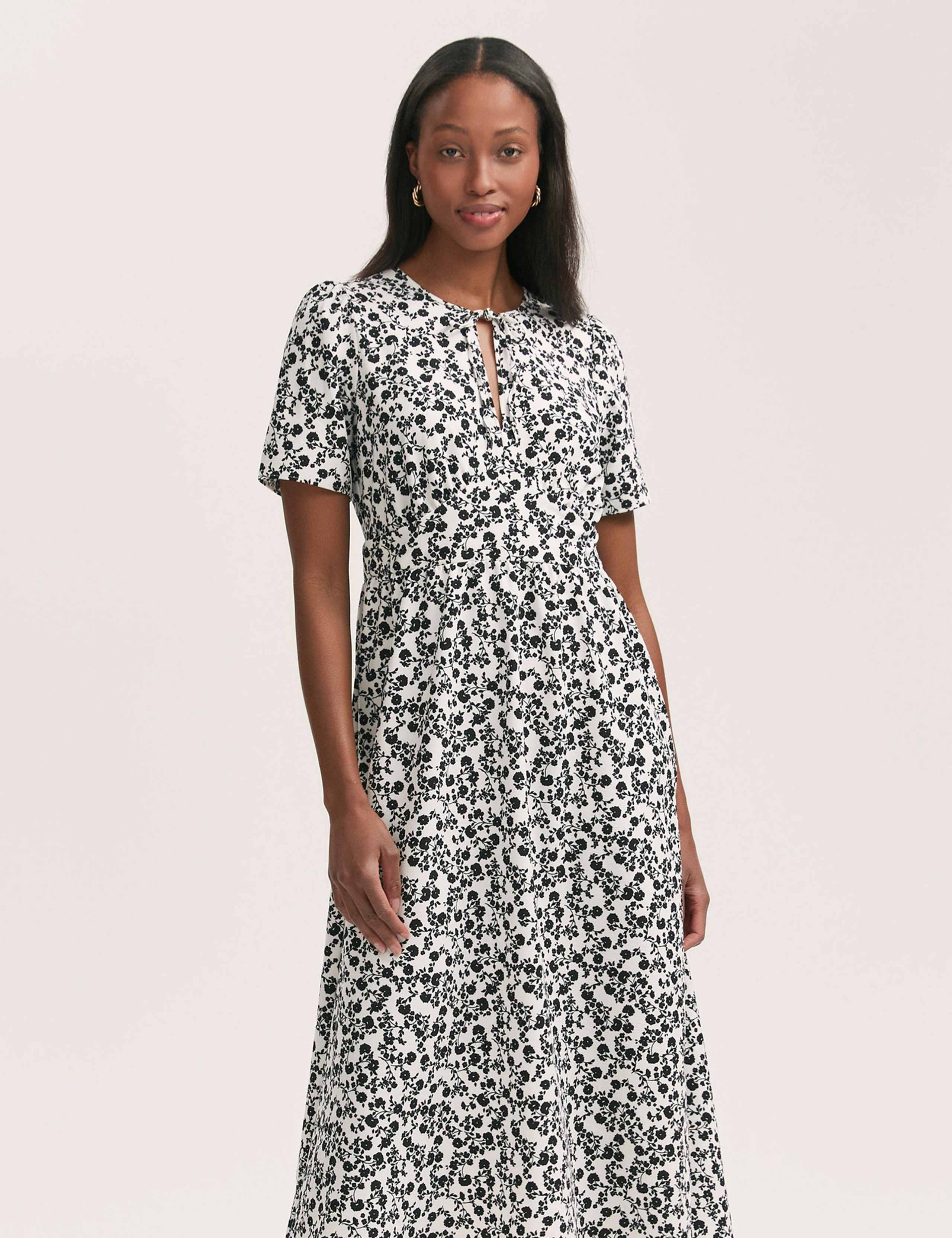 Crepe Floral Tie Neck Midi Tiered Tea Dress 3 of 4