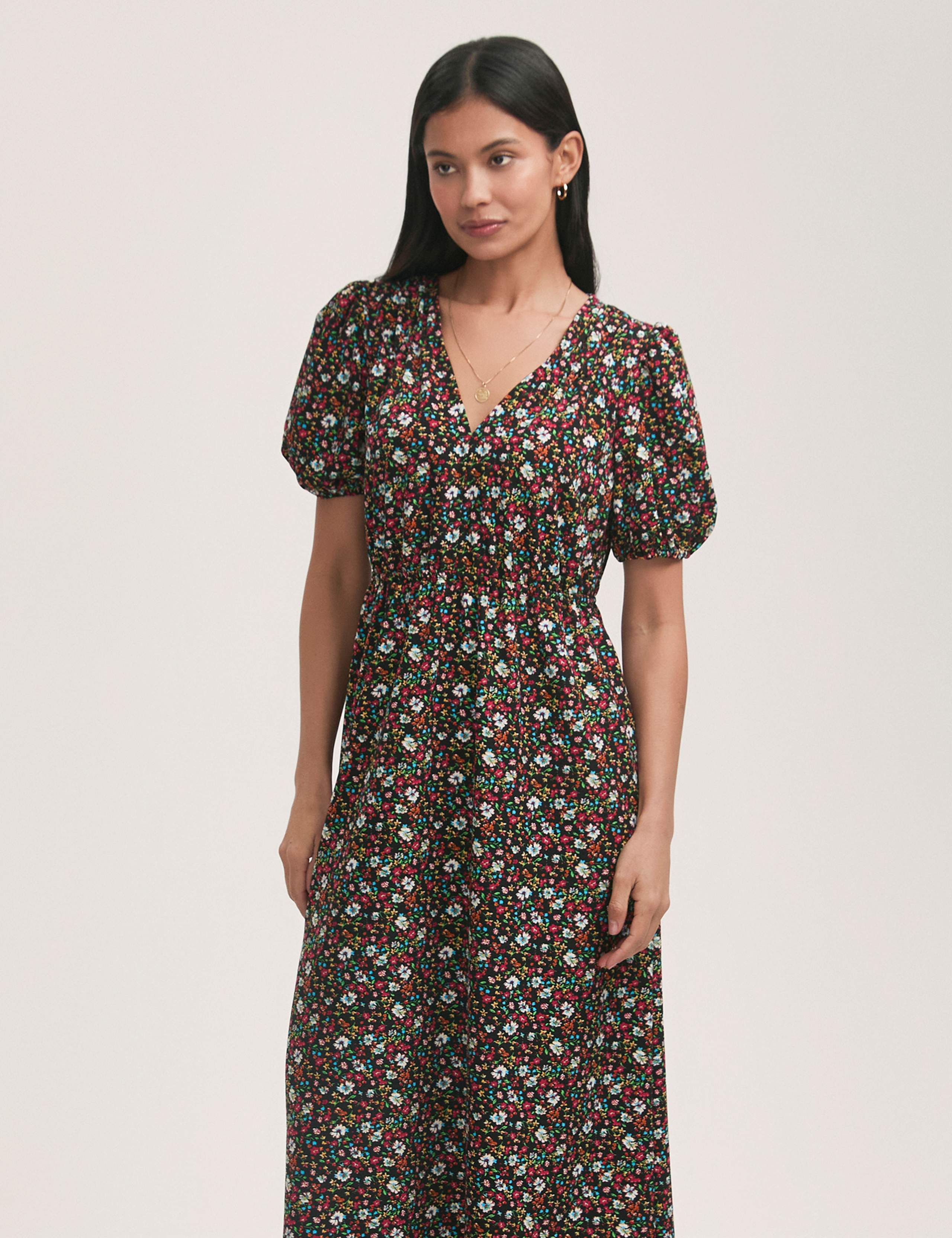 Crepe Ditsy Floral V-Neck Midi Tea Dress 3 of 4