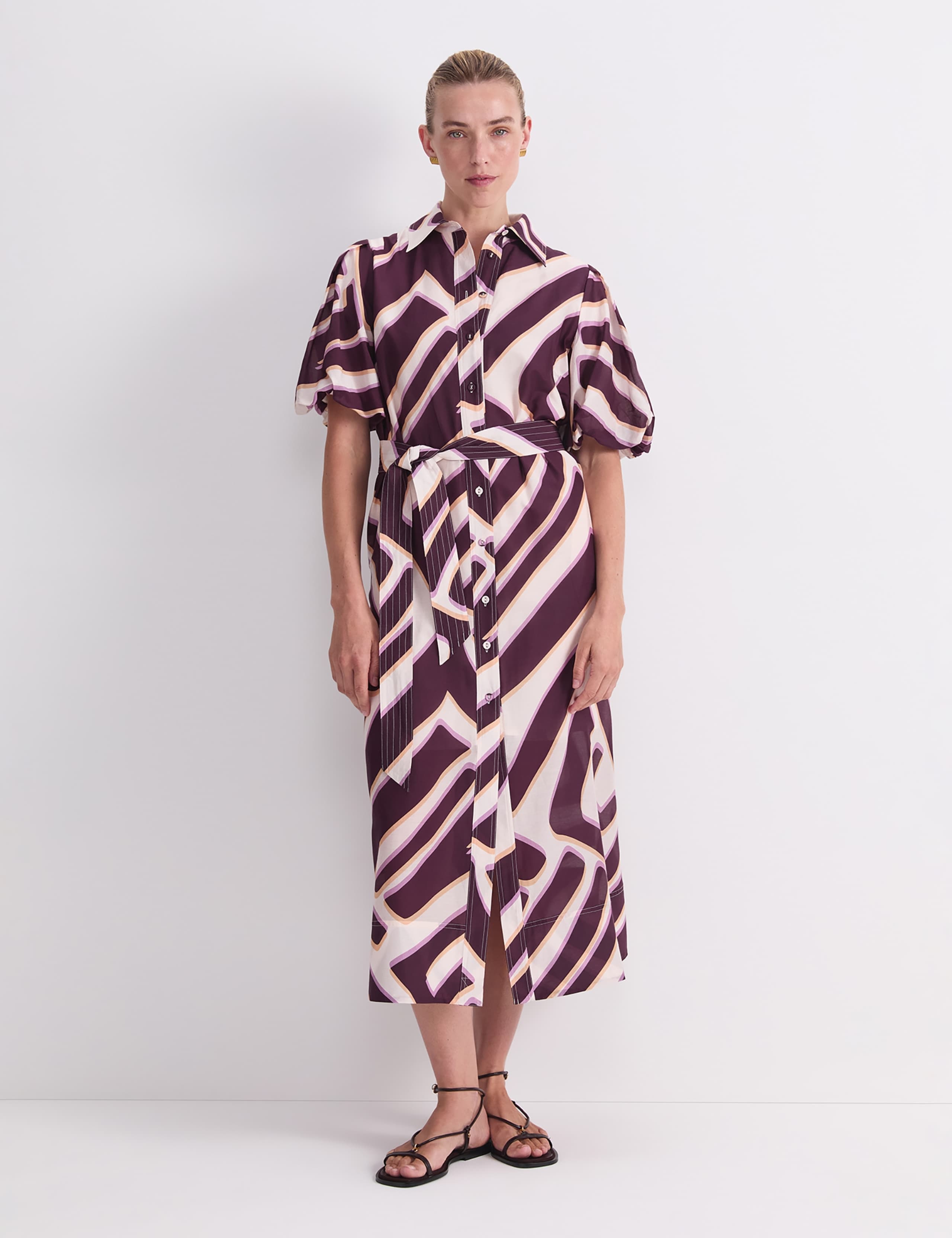 Cotton Rich Printed Midi Shirt Dress with Silk 2 of 8