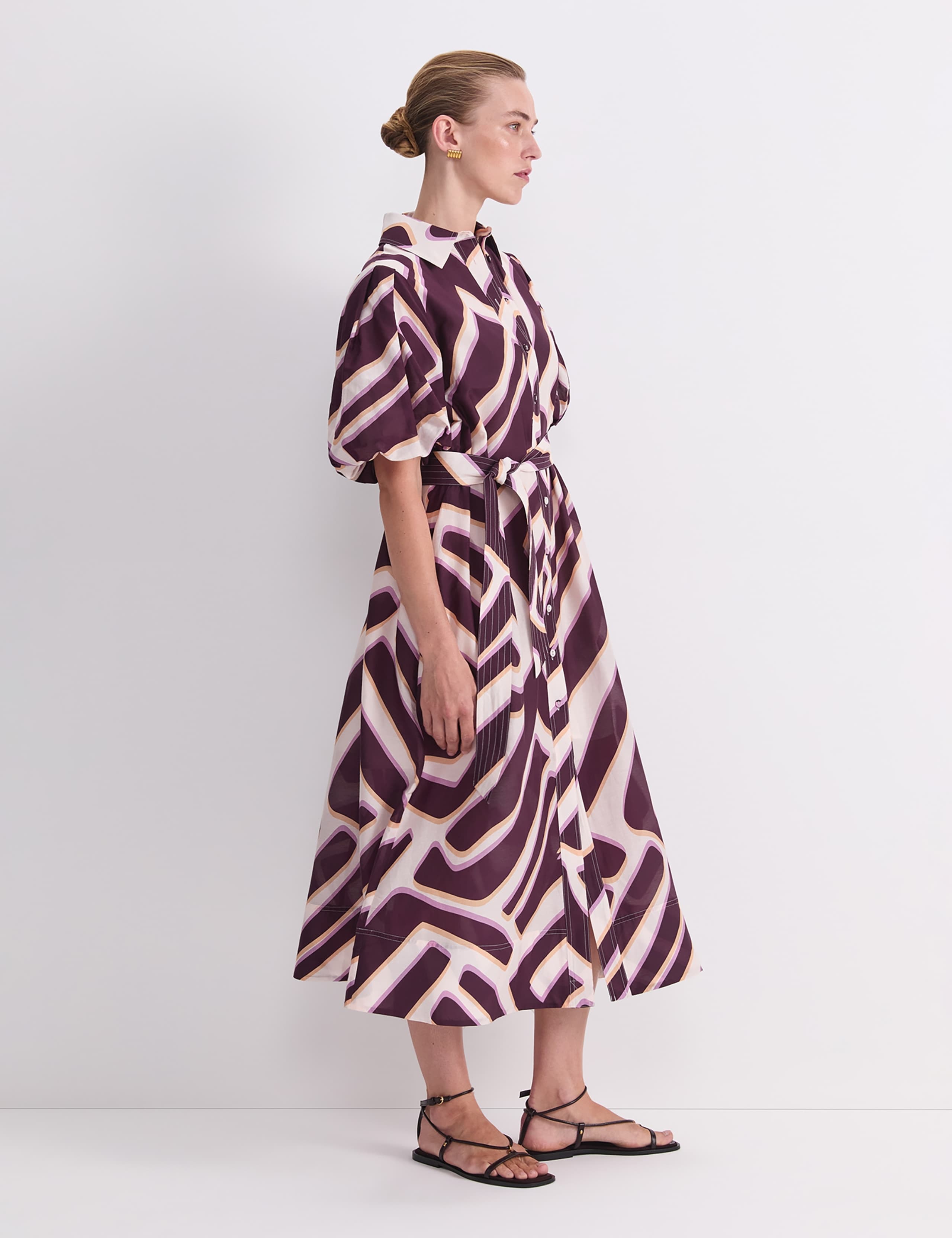 Cotton Rich Printed Midi Shirt Dress with Silk 3 of 8