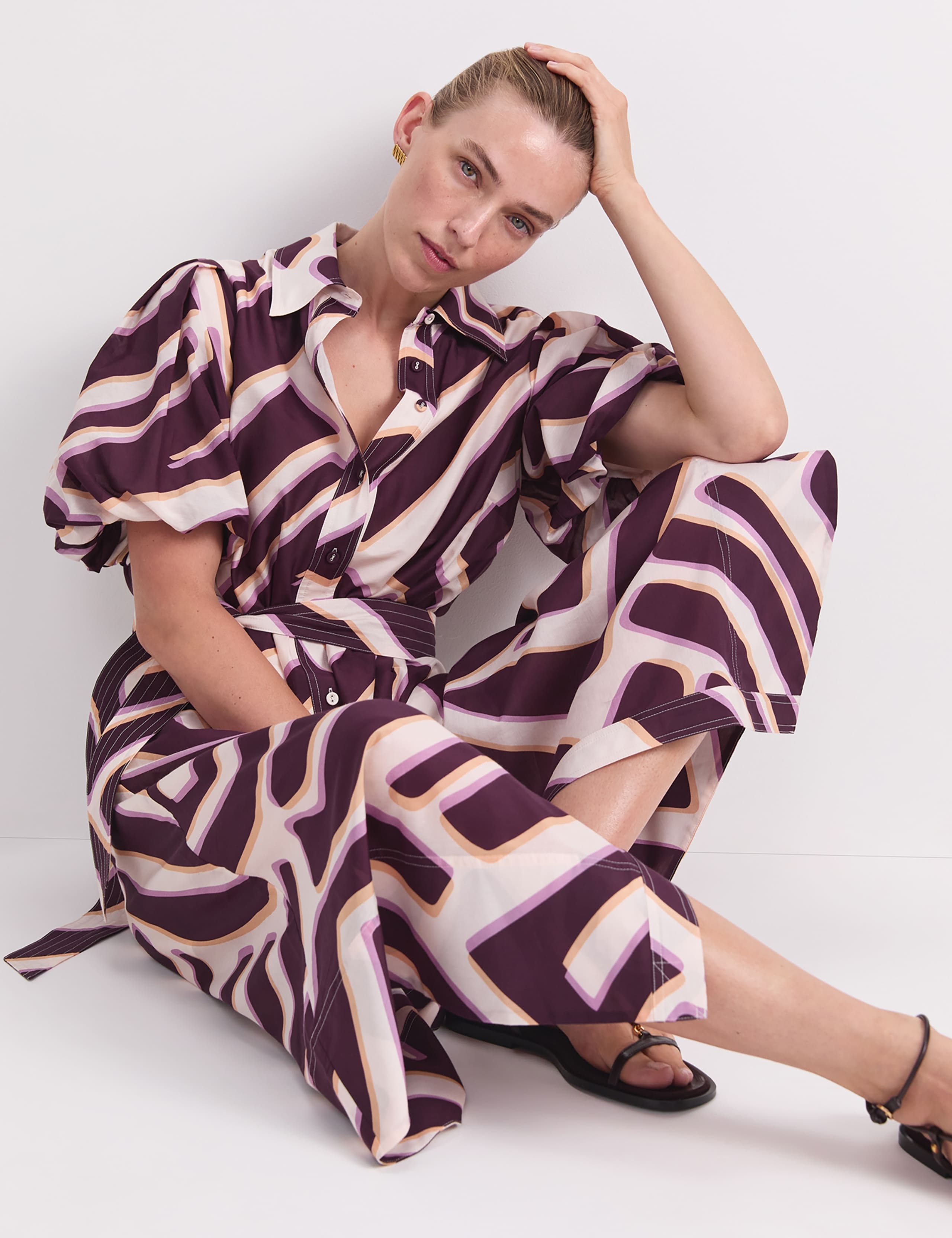 Cotton Rich Printed Midi Shirt Dress with Silk 5 of 8