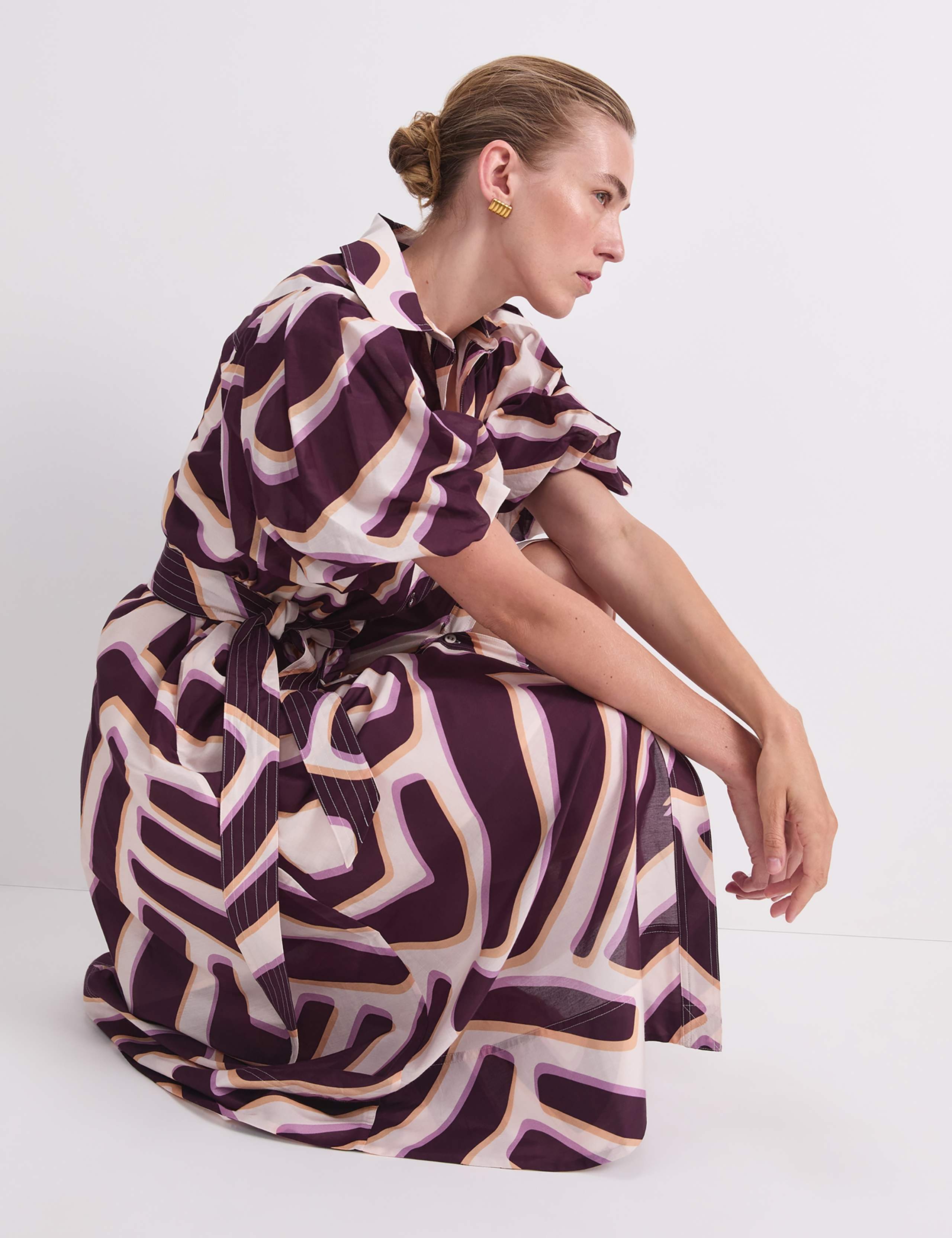 Cotton Rich Printed Midi Shirt Dress with Silk 6 of 8
