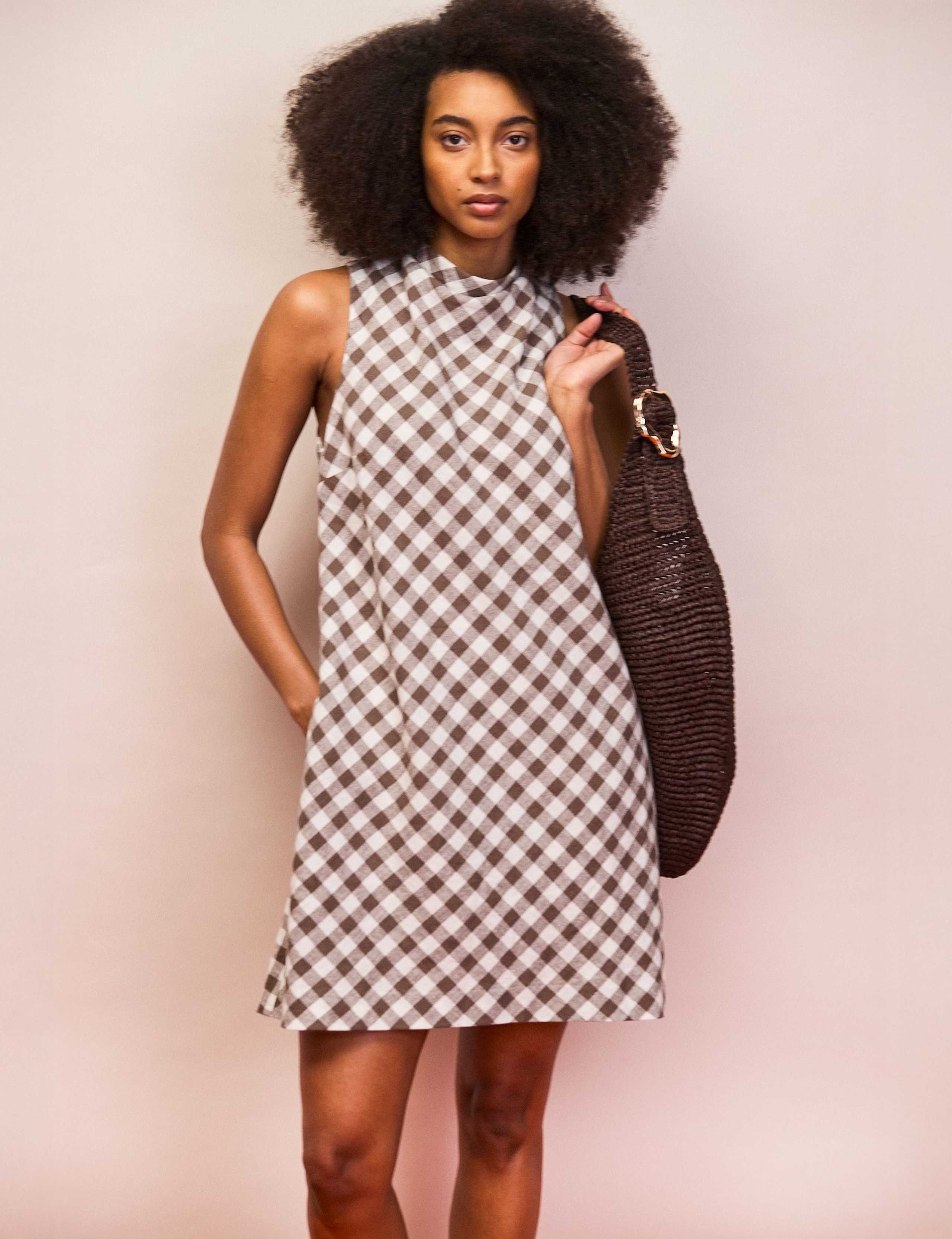 Linen Blend Gingham Cowl Neck Mini Shift Dress 1 of 3