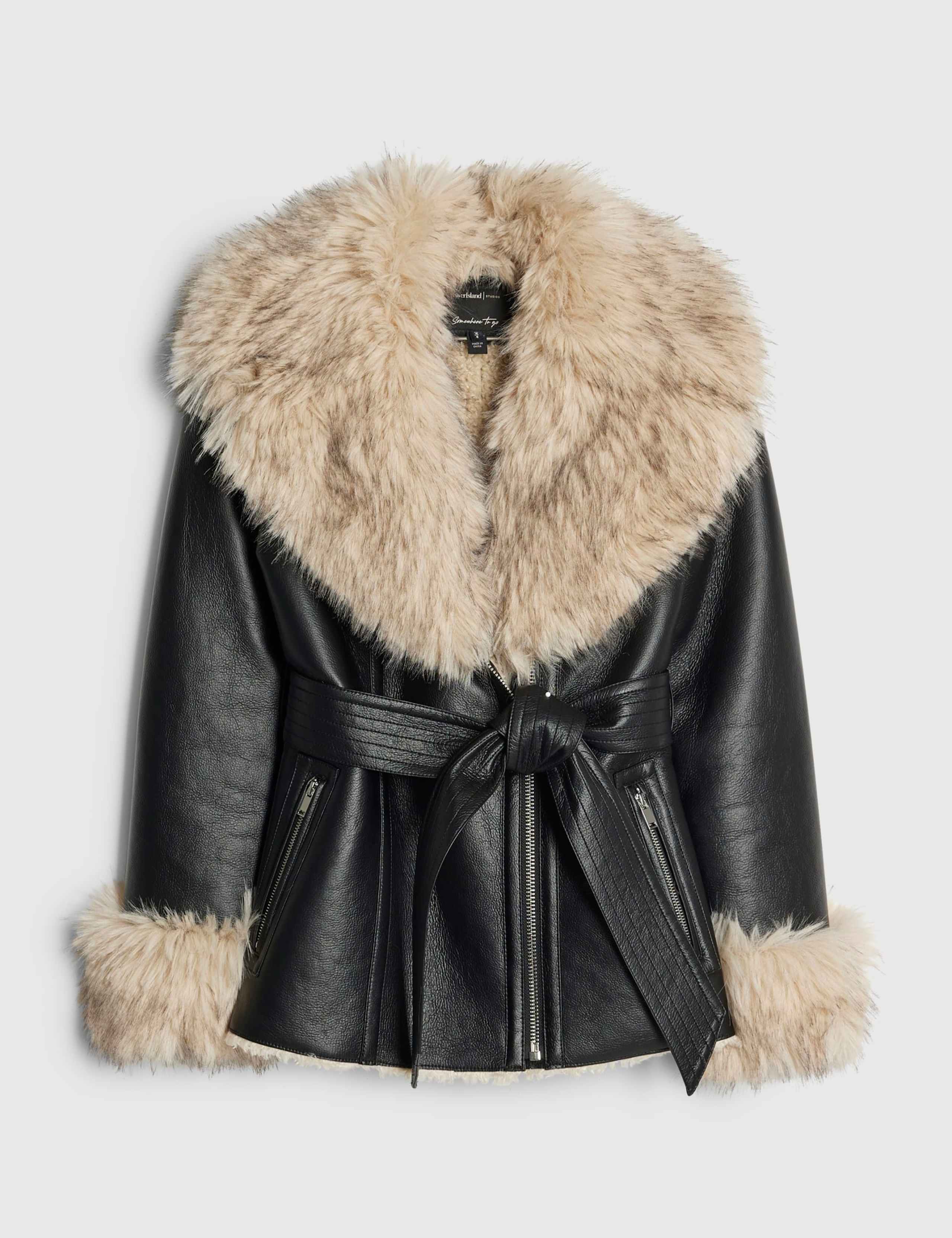 Mid Length Belted Faux Shearling Aviator Coat 3 of 6