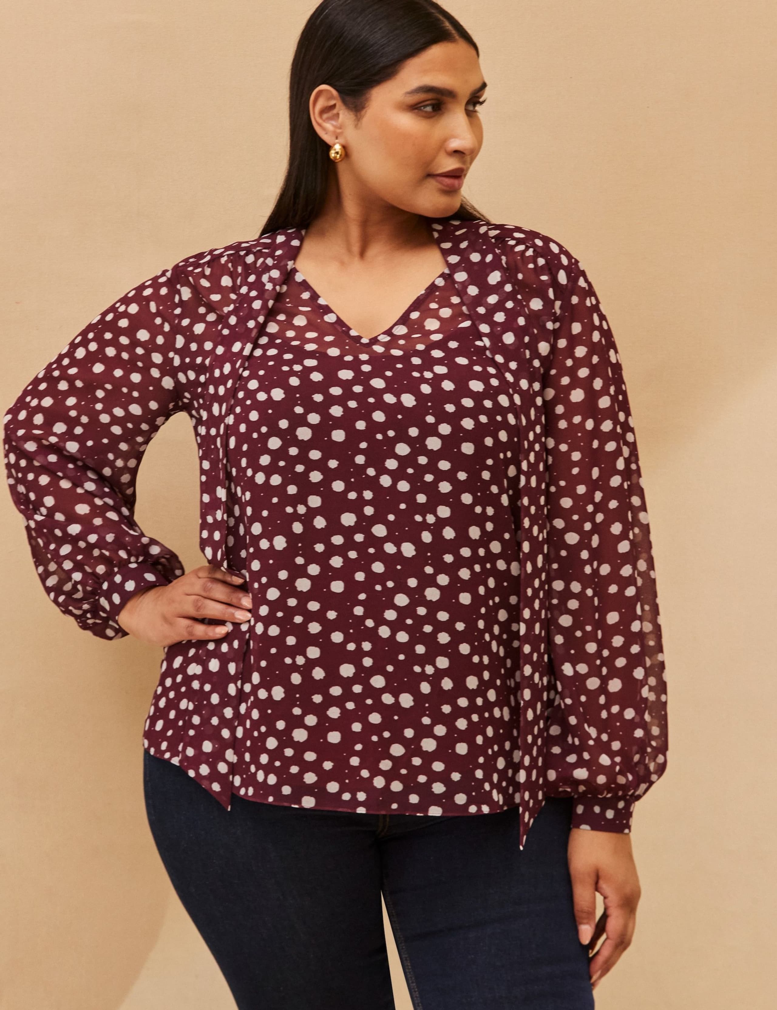 Polka Dot V-Neck Tie Detail Blouse 2 of 7