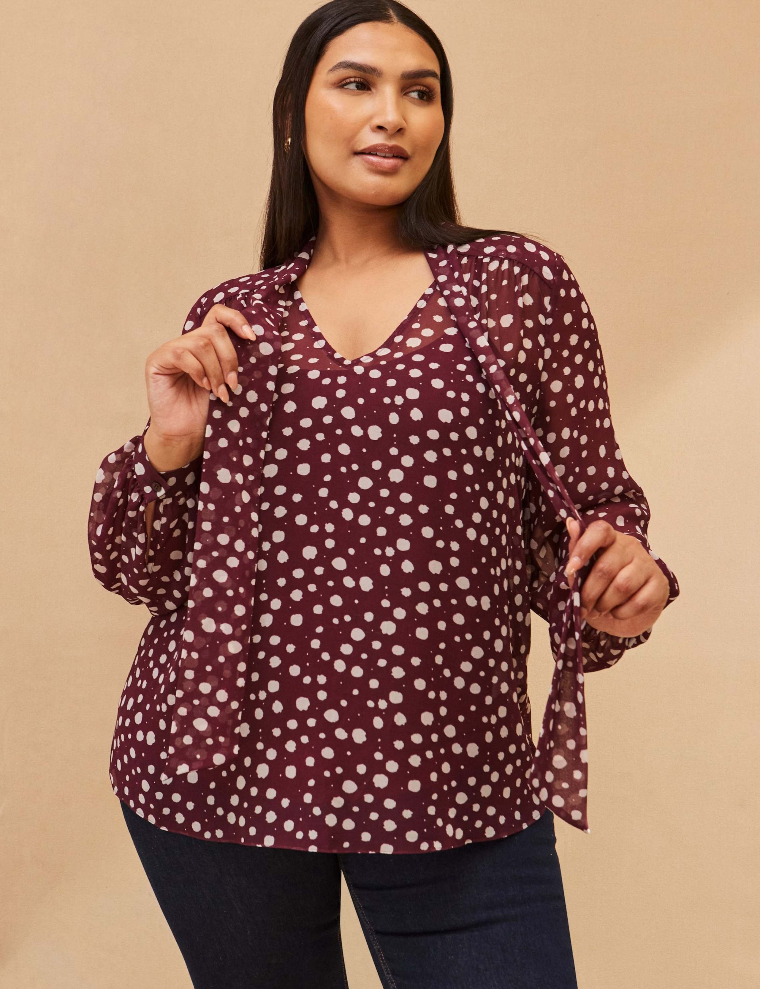 Polka Dot V-Neck Tie Detail Blouse 3 of 7