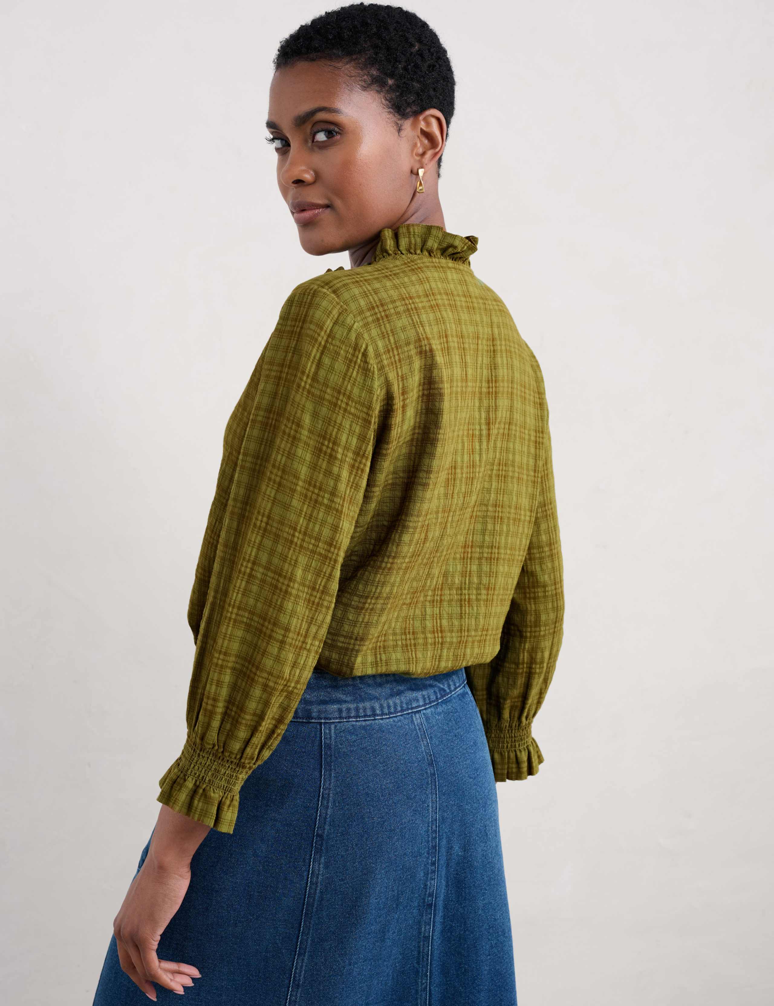 Cotton Rich Checked Frill Detail Blouse Seasalt Cornwall M&S IE