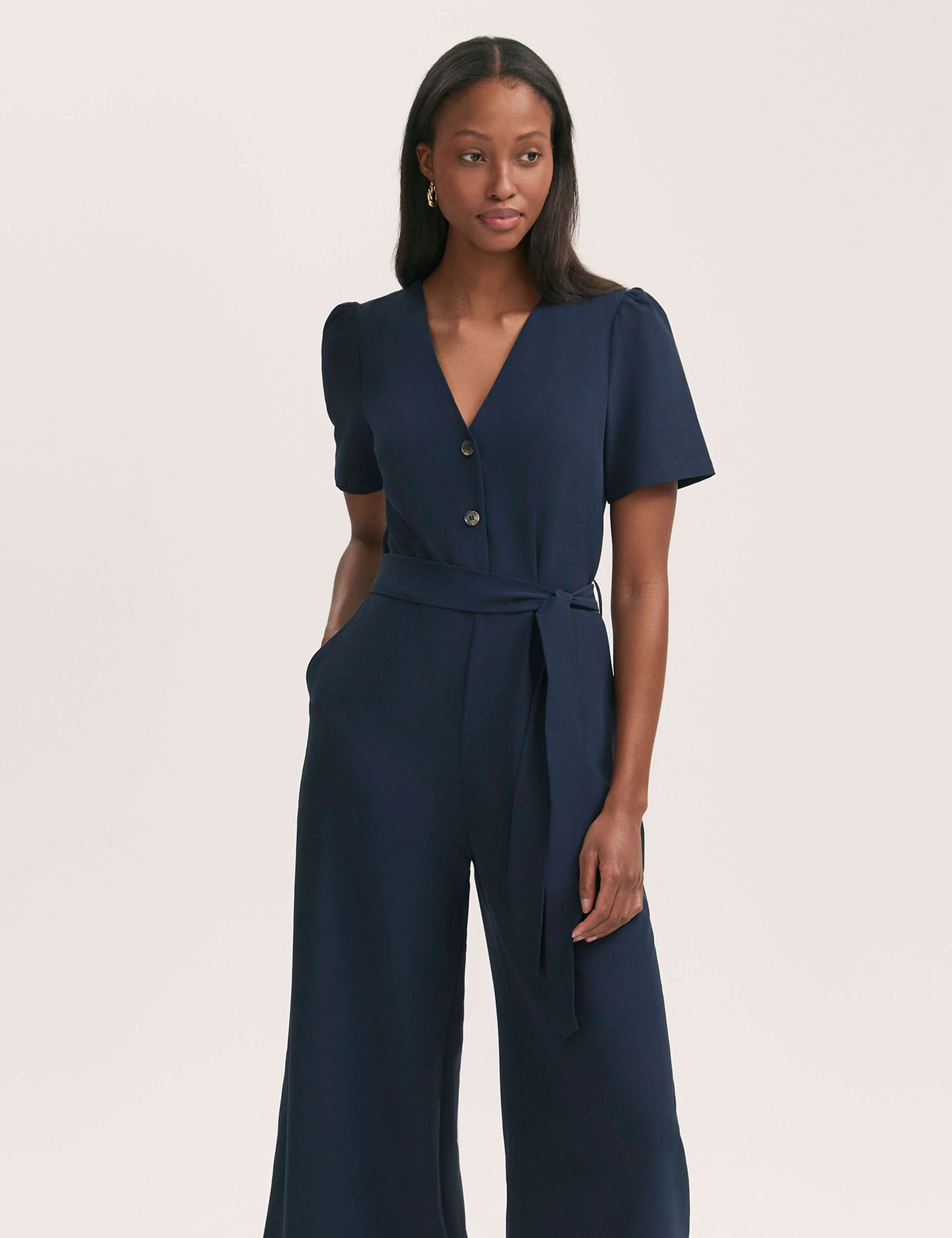 Crepe Button Front Short Sleeve Jumpsuit 3 of 4