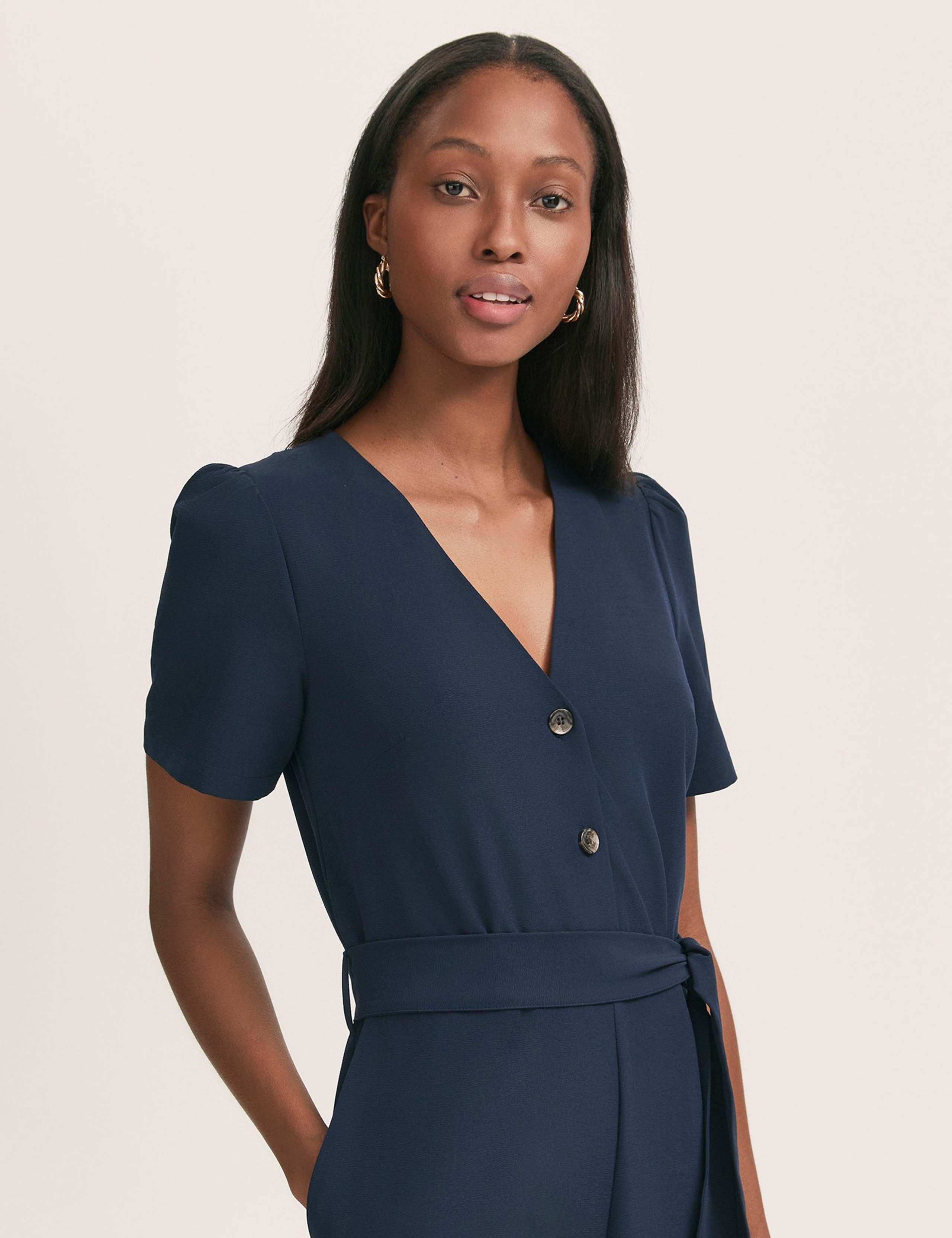 Crepe Button Front Short Sleeve Jumpsuit 4 of 4