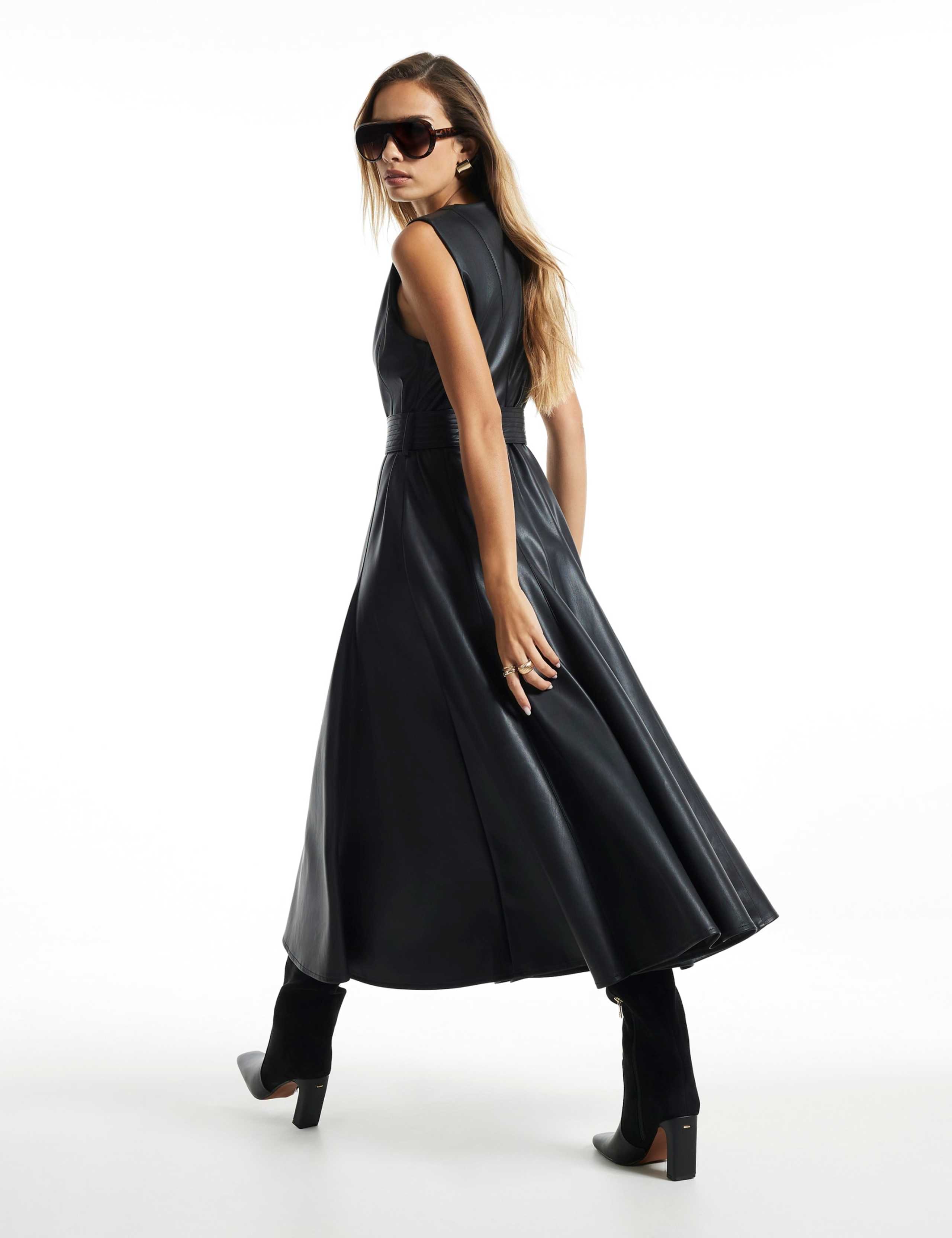 Leather Look Belted Midi Shift Dress 4 of 5