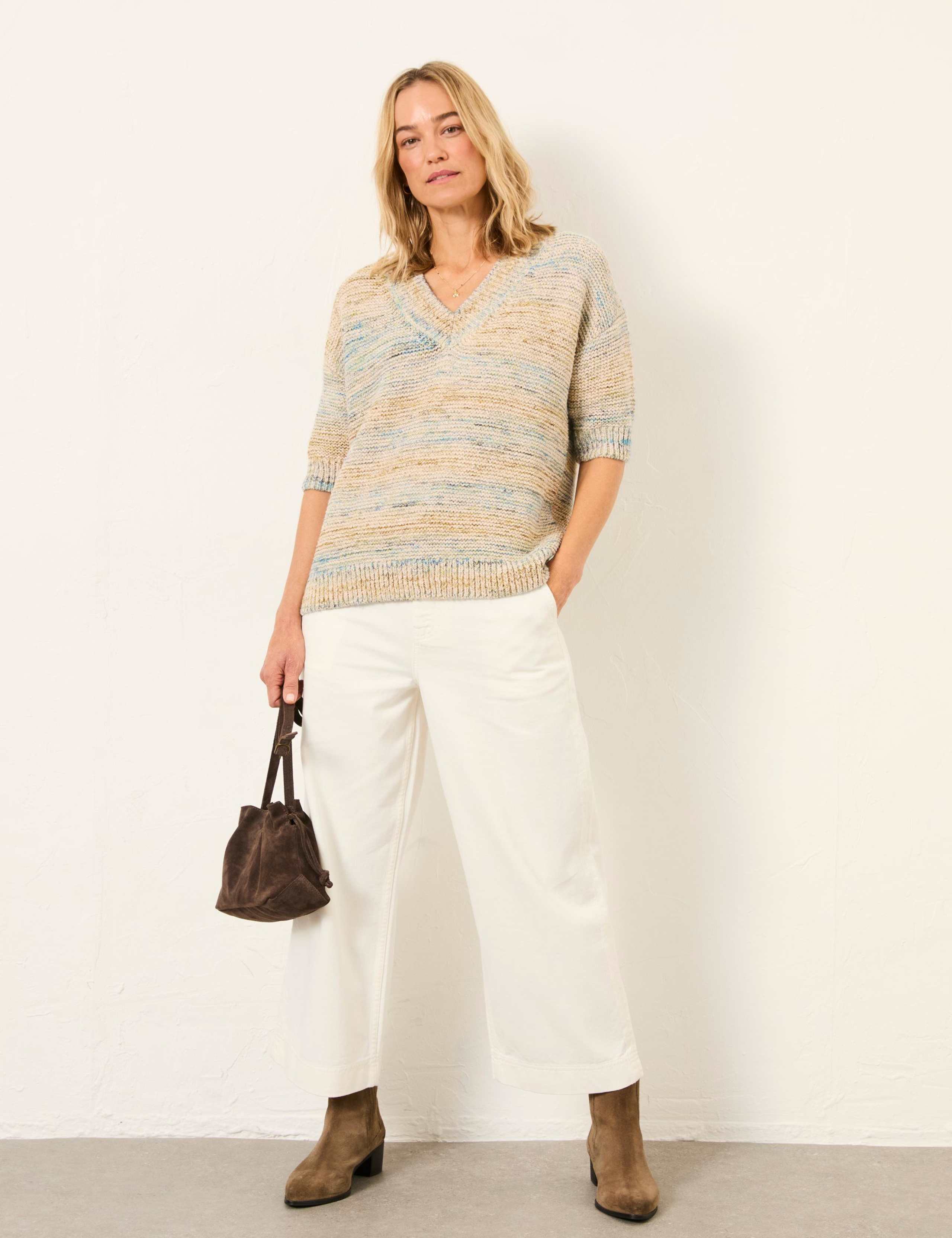 Cotton Rich Textured V-Neck Jumper 1 of 6