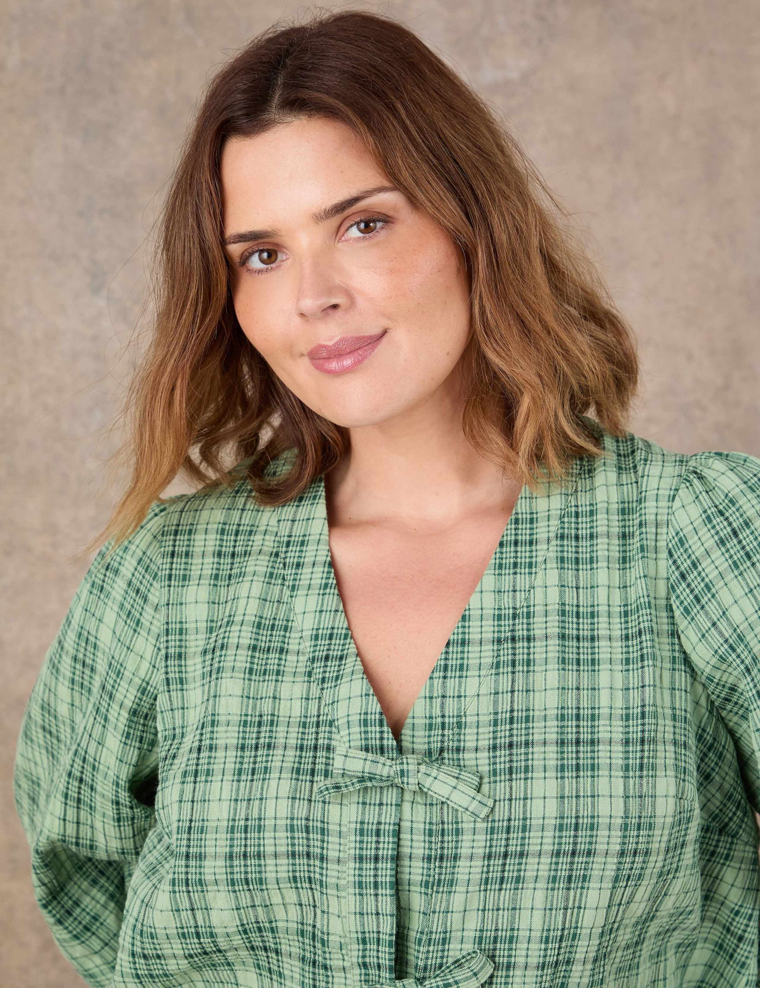 Cotton Rich Checked V-Neck Bow Detail Blouse 3 of 4