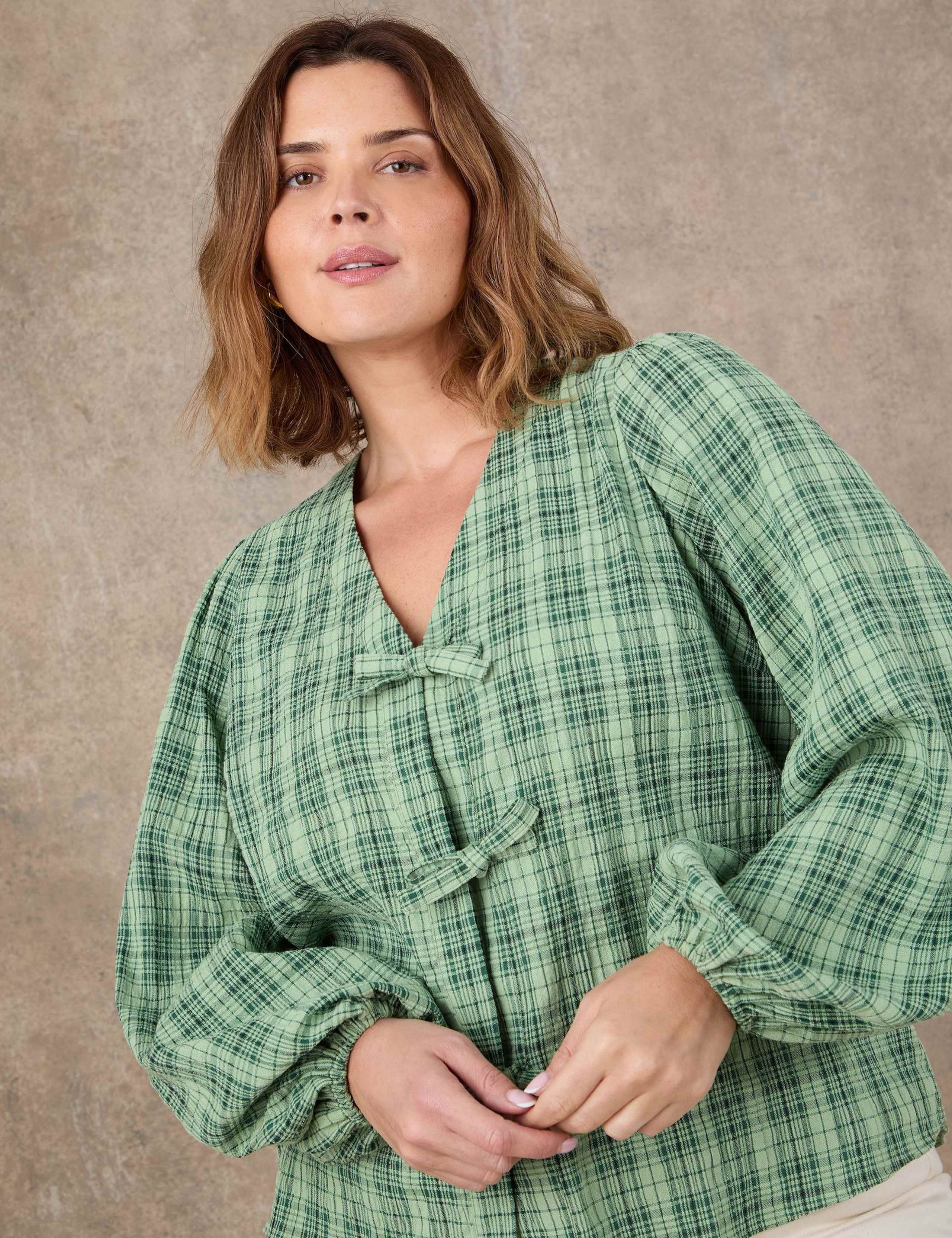 Cotton Rich Checked V-Neck Bow Detail Blouse 4 of 4