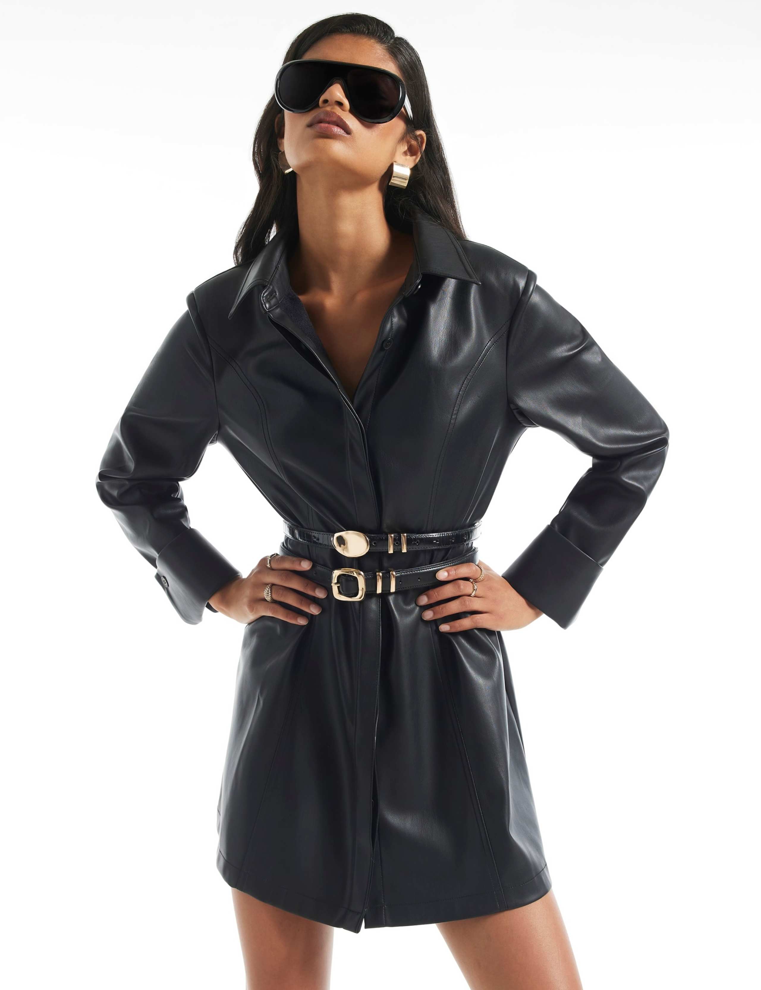 Leather Look Collared Belted Mini Shirt Dress 4 of 5