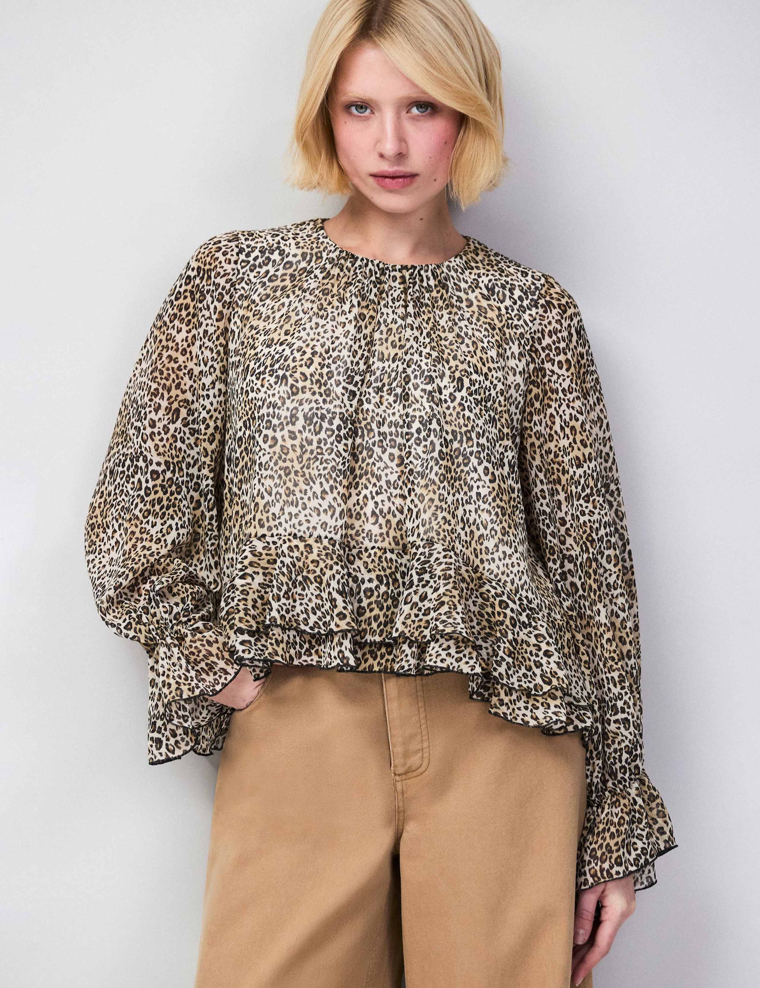 Leopard Print Round Neck Ruffle Hem Blouse 1 of 4