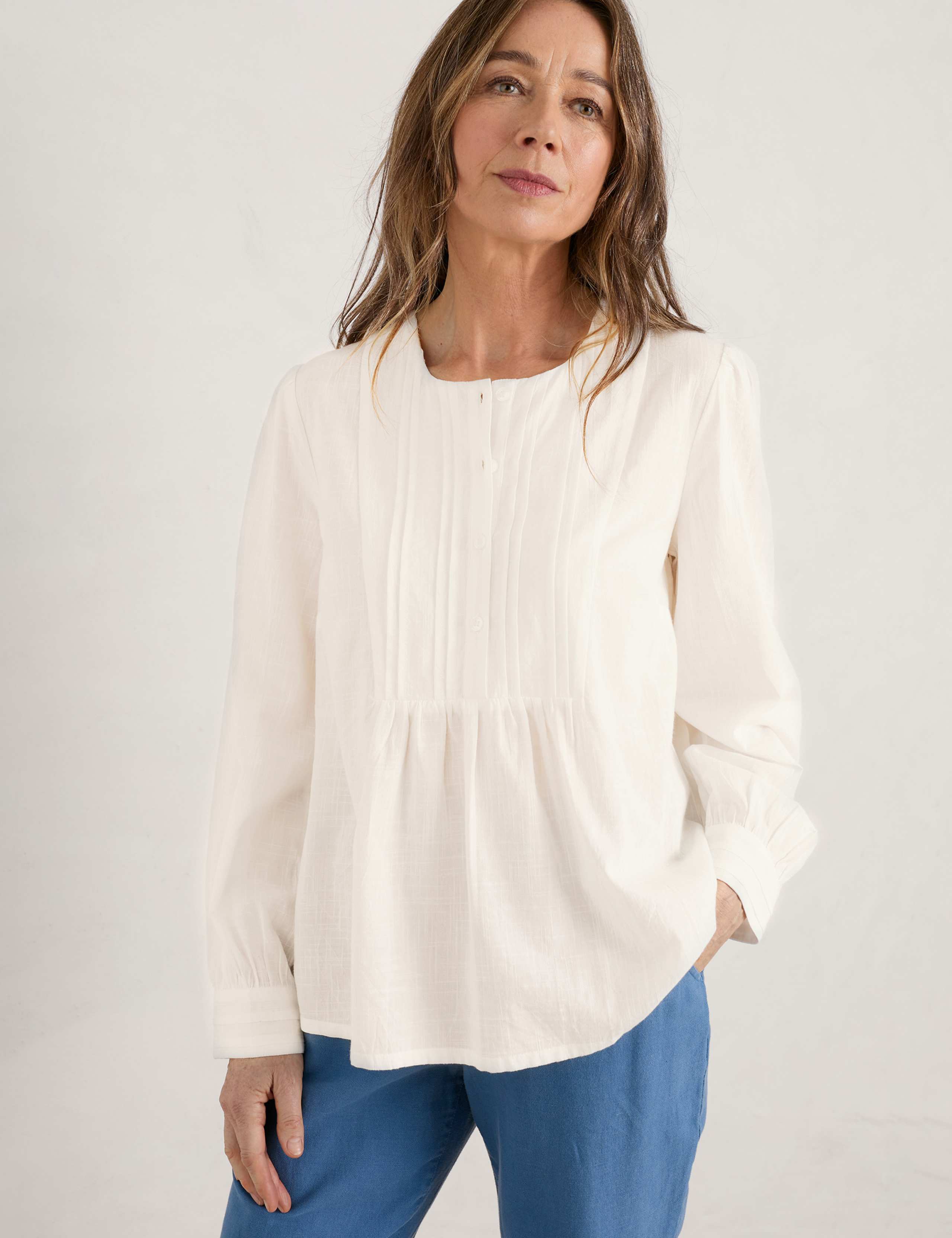 Cotton Rich Crew Neck Pintuck Bib Front Top 1 of 4