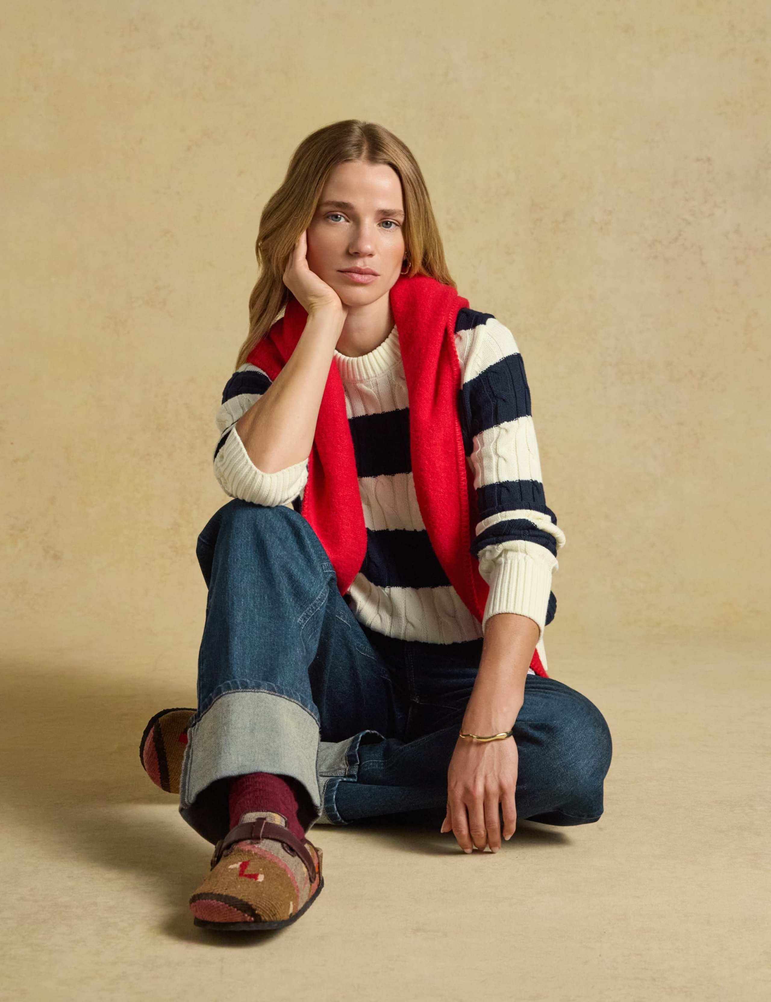 Pure Cotton Striped Cable Knit Crew Neck Jumper 5 of 7